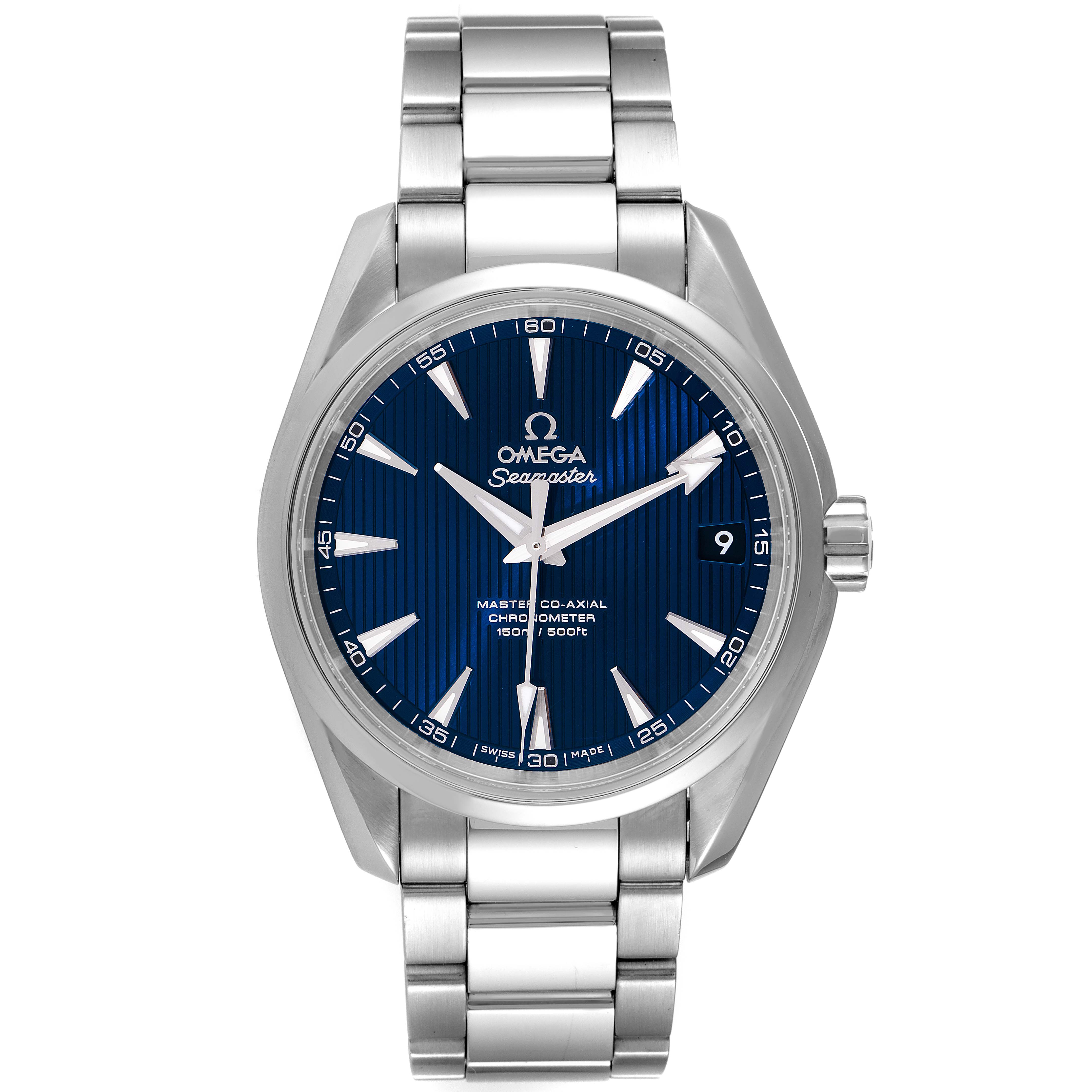 This image shows a front view of the Omega Aqua Terra 231.10.39.21.03.002 Men's Stainless Steel Blue Dial 231.10.39.21.03.002 Men's Stainless Steel Blue Dial watch, featuring its face, bezel, and bracelet.