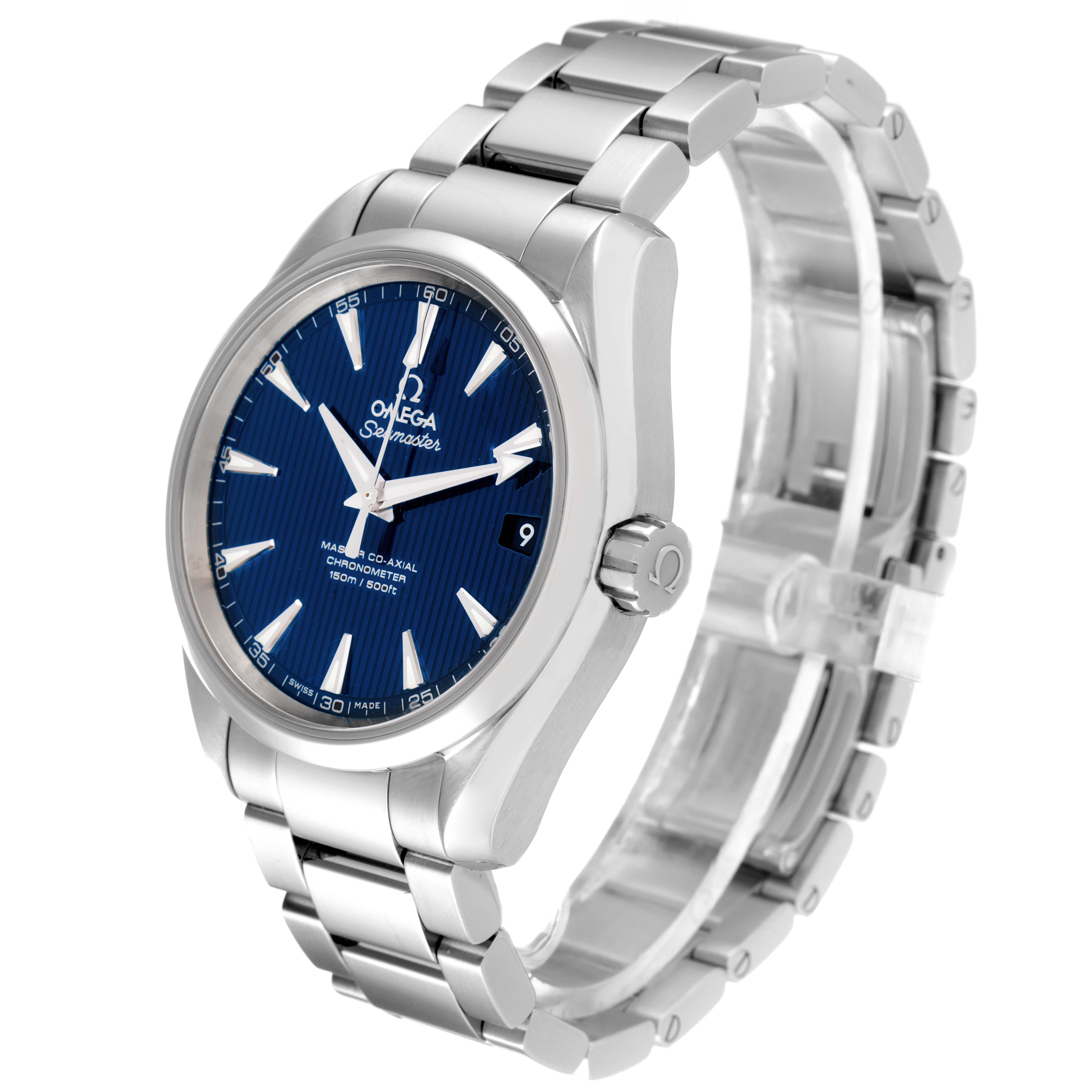 The image shows an Omega Aqua Terra 231.10.39.21.03.002 Men's Stainless Steel Blue Dial 231.10.39.21.03.002 Men's Stainless Steel Blue Dial watch with a side angle, revealing the blue dial, stainless steel bracelet, and crown.