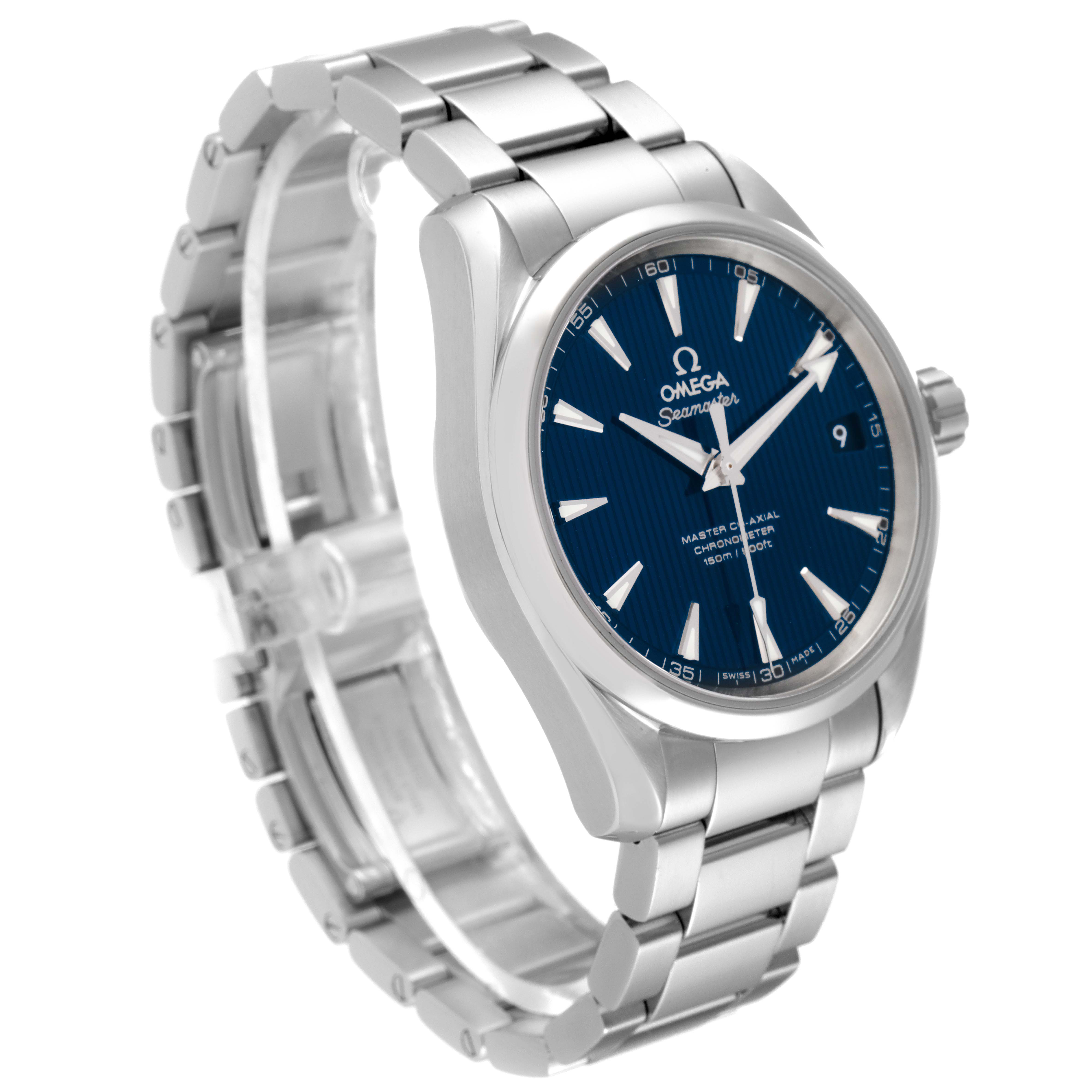 The image shows an Omega Aqua Terra 231.10.39.21.03.002 Men's Stainless Steel Blue Dial 231.10.39.21.03.002 Men's Stainless Steel Blue Dial watch from a slightly high-angle view, highlighting its blue dial, bezel, and metal bracelet.