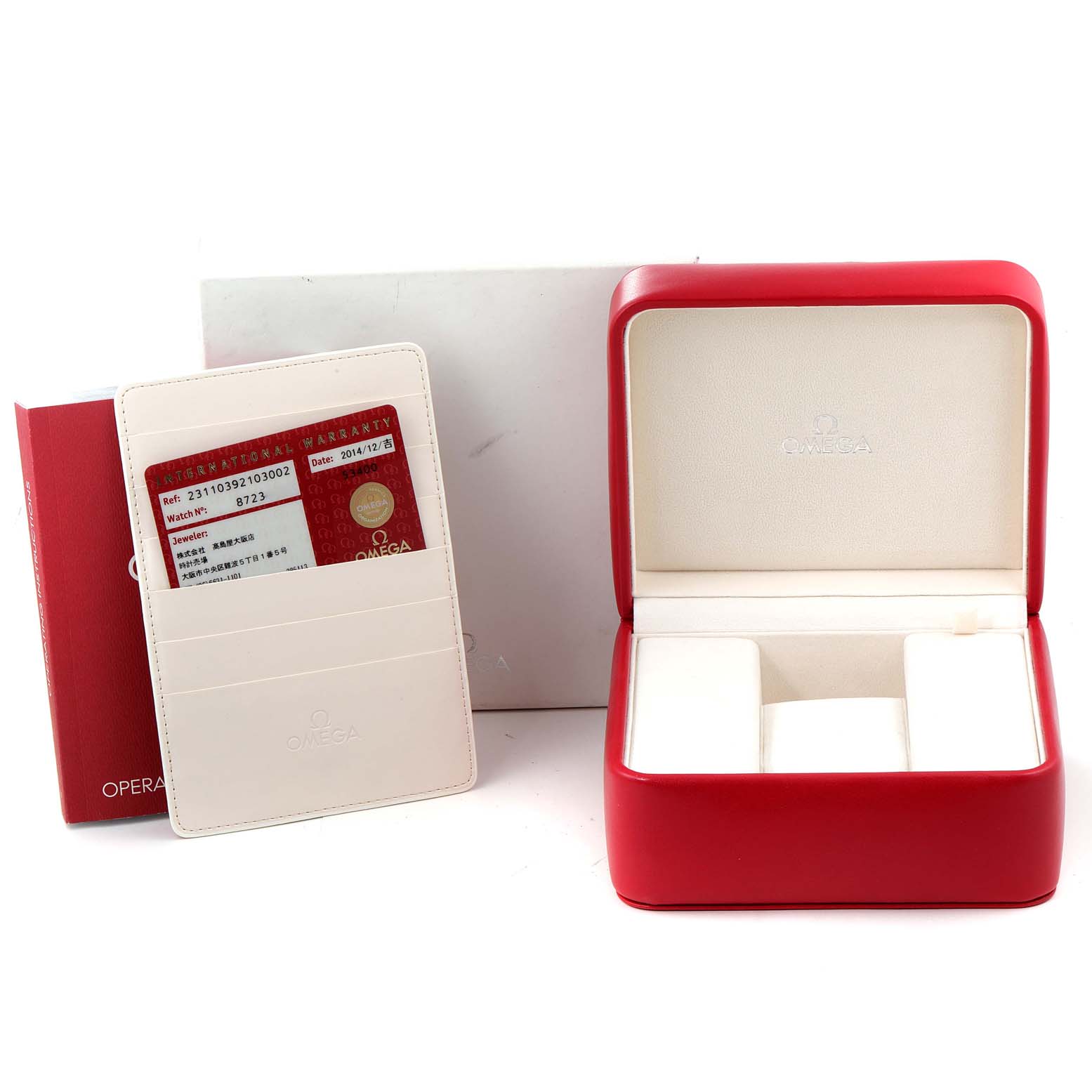 This image shows the accessories of the Omega Aqua Terra 231.10.39.21.03.002 Men's Stainless Steel Blue Dial 231.10.39.21.03.002 Men's Stainless Steel Blue Dial model, including the red watch case, warranty card, and documentation holder.