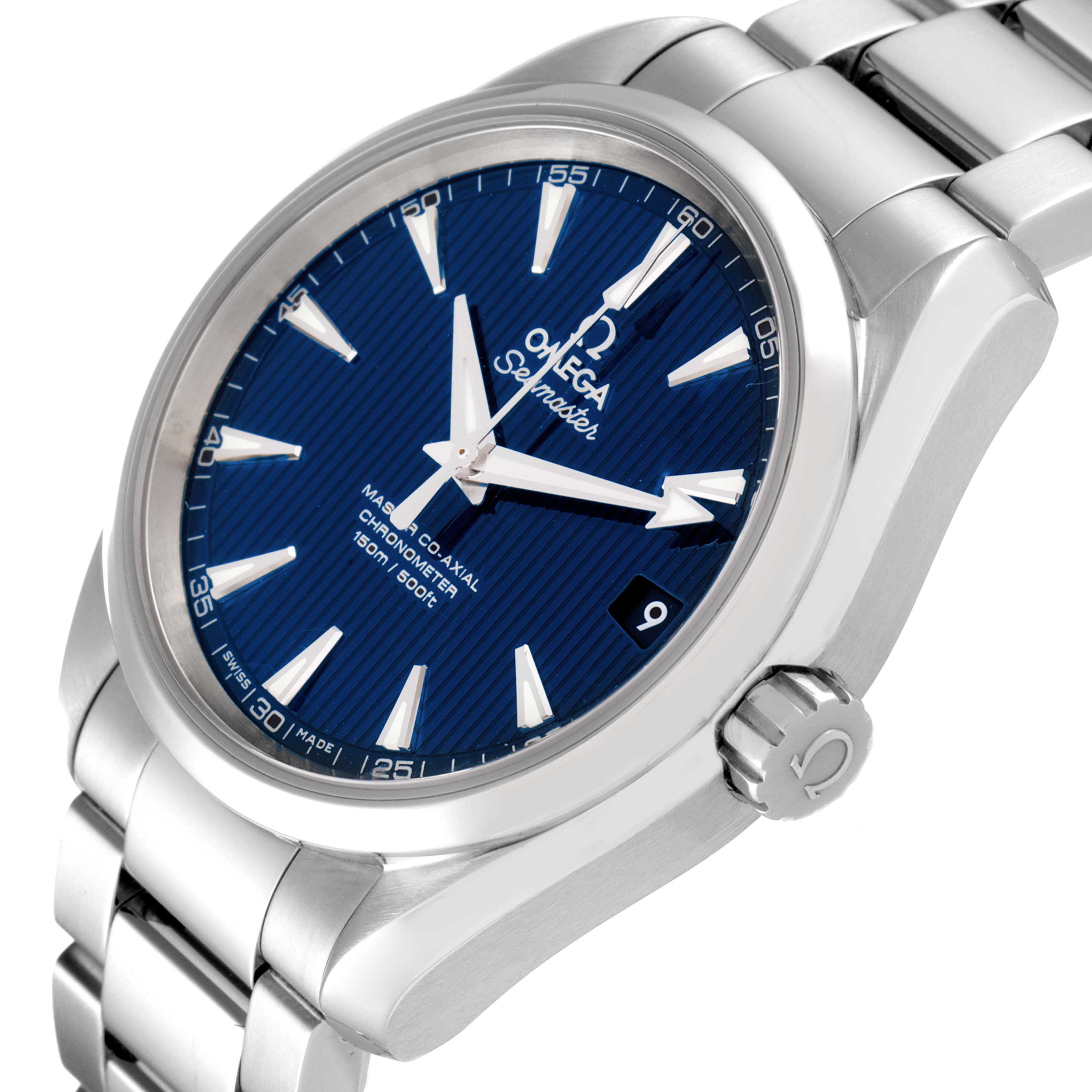 The Omega Aqua Terra 231.10.39.21.03.002 Men's Stainless Steel Blue Dial 231.10.39.21.03.002 Men's Stainless Steel Blue Dial watch is shown at a slight angle, displaying its face, bezel, crown, and metal bracelet.