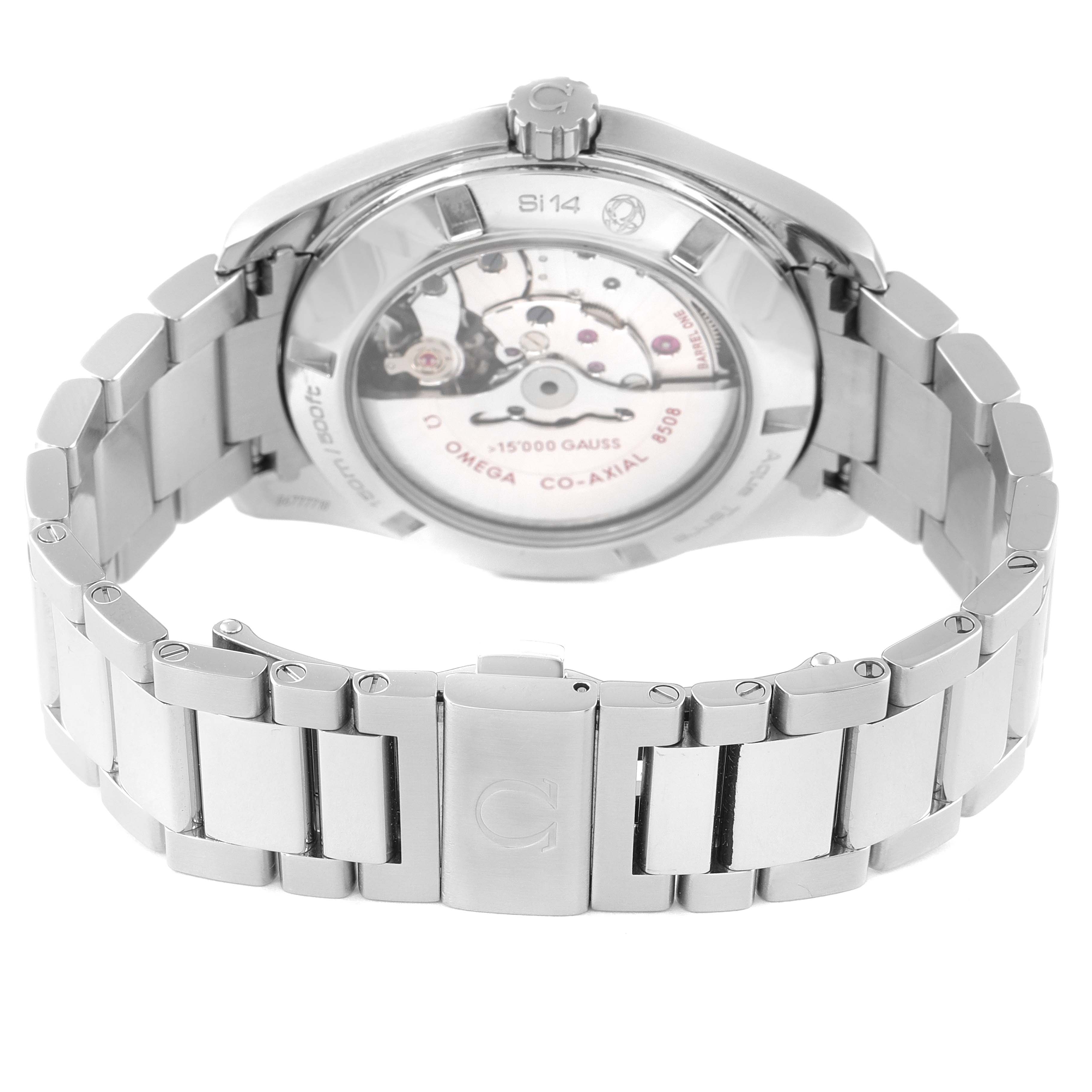 The image shows the back view of an Omega Aqua Terra 231.10.42.21.01.002 Men's Stainless Steel Black Dial 231.10.42.21.01.002 Men's Stainless Steel Black Dial watch, highlighting its transparent case back and metal bracelet.