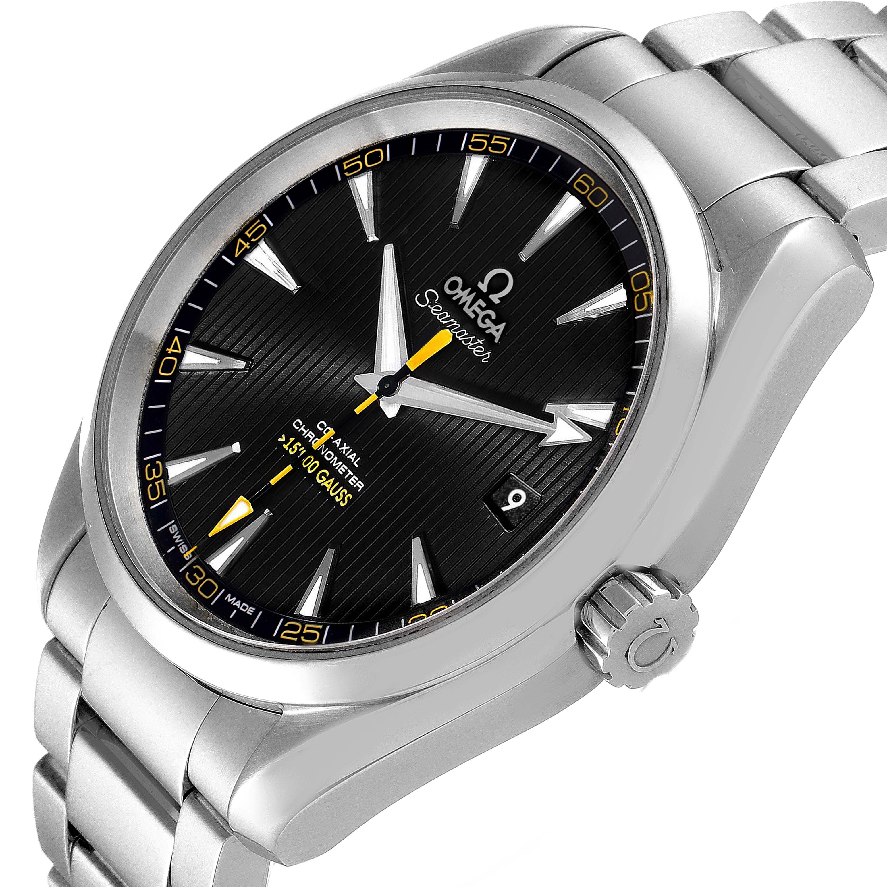 The image shows an Omega Aqua Terra 231.10.42.21.01.002 Men's Stainless Steel Black Dial 231.10.42.21.01.002 Men's Stainless Steel Black Dial watch from an angled front view, displaying the dial, bracelet, and crown.