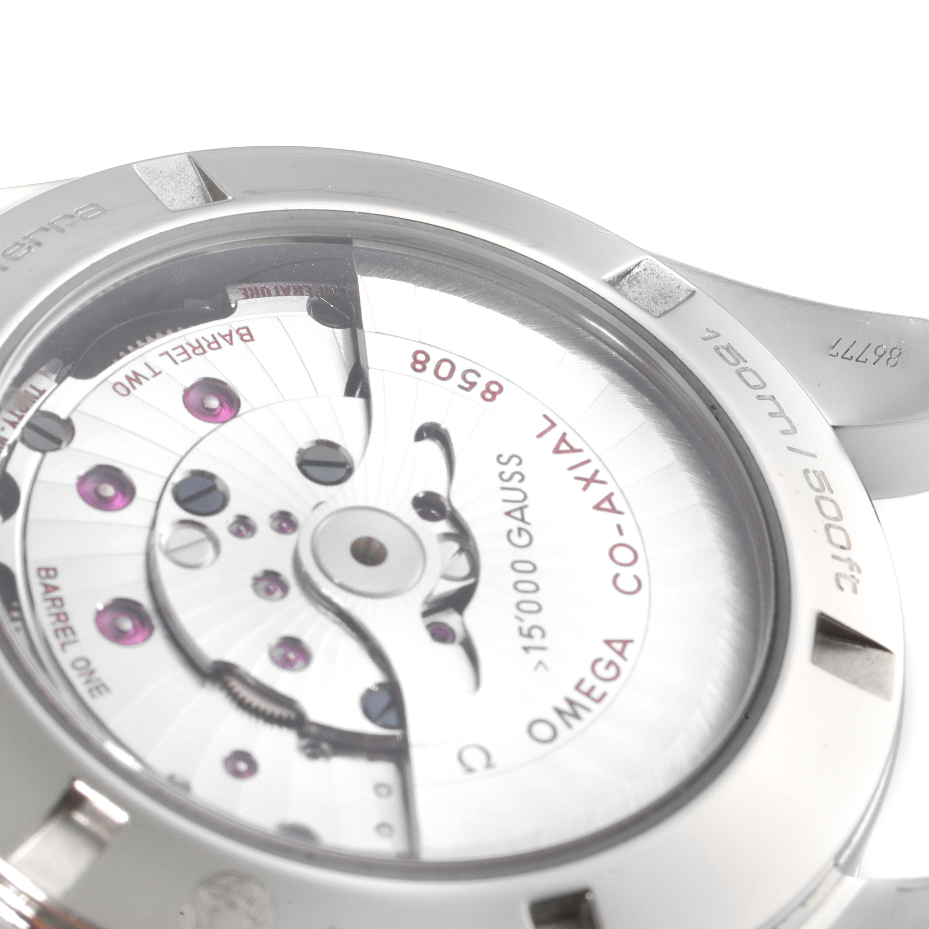 This image shows the back view and internal movement of the Omega Aqua Terra 231.10.42.21.01.002 Men's Stainless Steel Black Dial 231.10.42.21.01.002 Men's Stainless Steel Black Dial watch, highlighting the Co-Axial Caliber 8508.