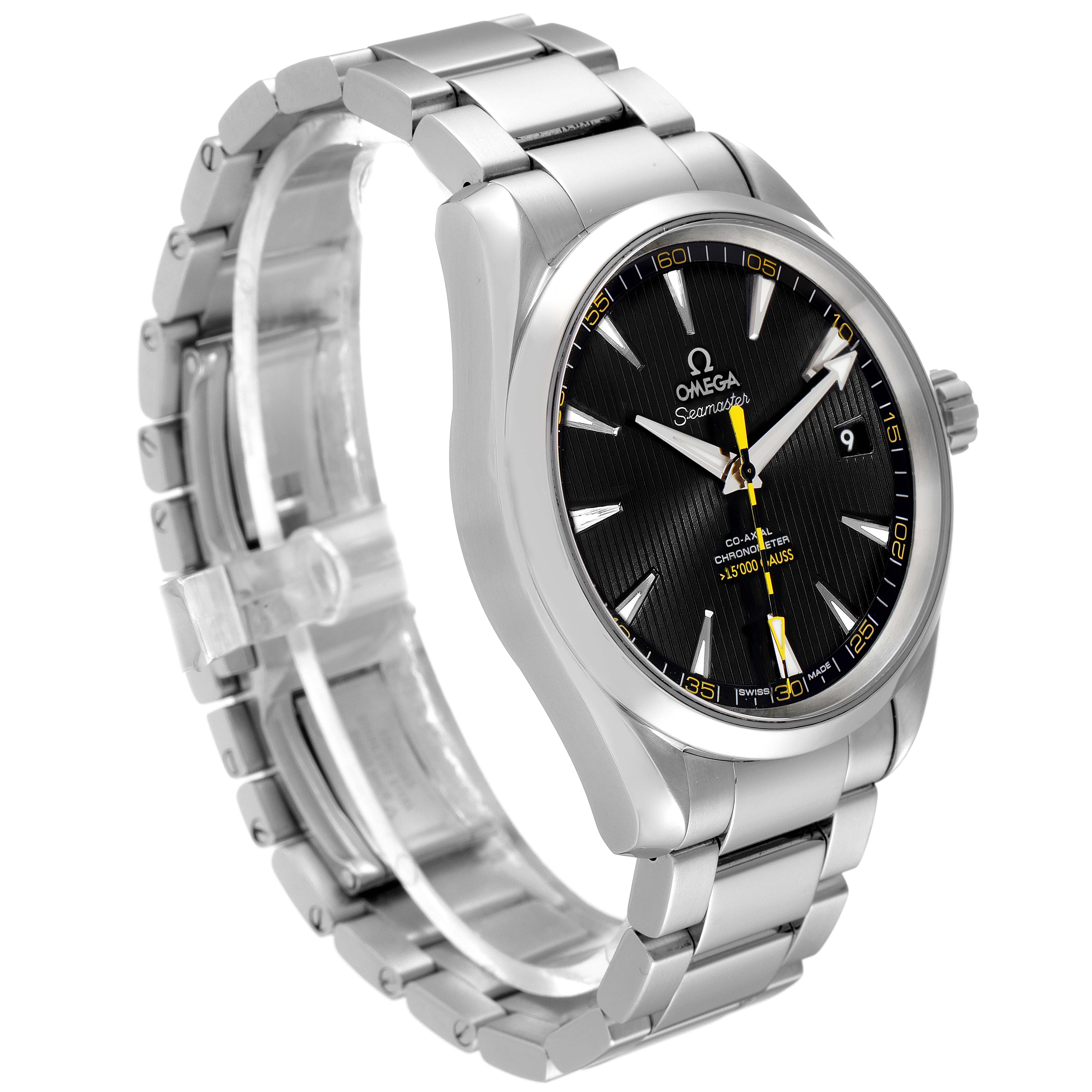 The Omega Aqua Terra 231.10.42.21.01.002 Men's Stainless Steel Black Dial 231.10.42.21.01.002 Men's Stainless Steel Black Dial watch is displayed at a slight angle, showing its bracelet, black dial, and case.