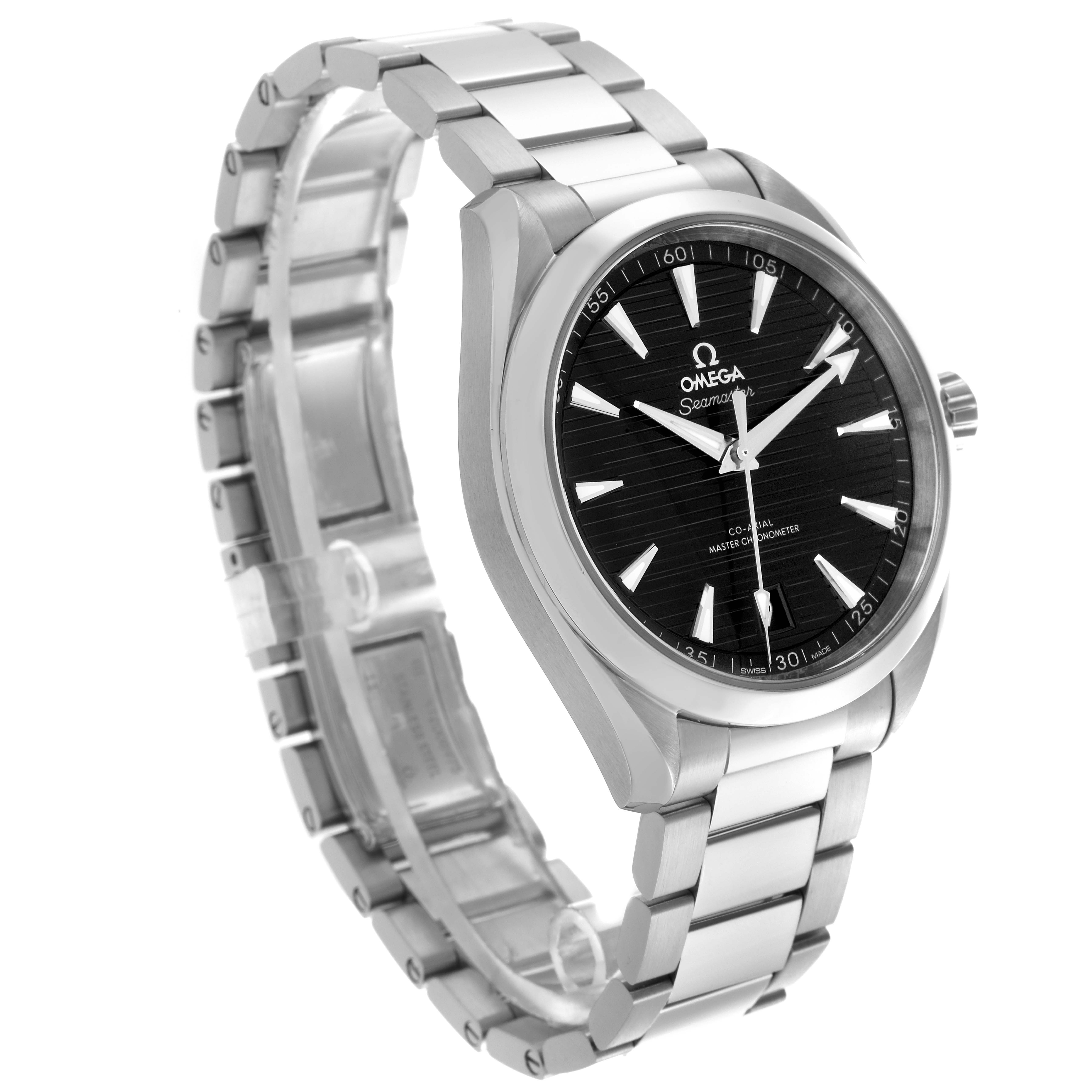 The Omega Aqua Terra 220.10.41.21.01.001 Men's Stainless Steel Black Dial 220.10.41.21.01.001 Men's Stainless Steel Black Dial watch is shown at a three-quarter angle, highlighting its face, bezel, crown, and stainless steel bracelet.