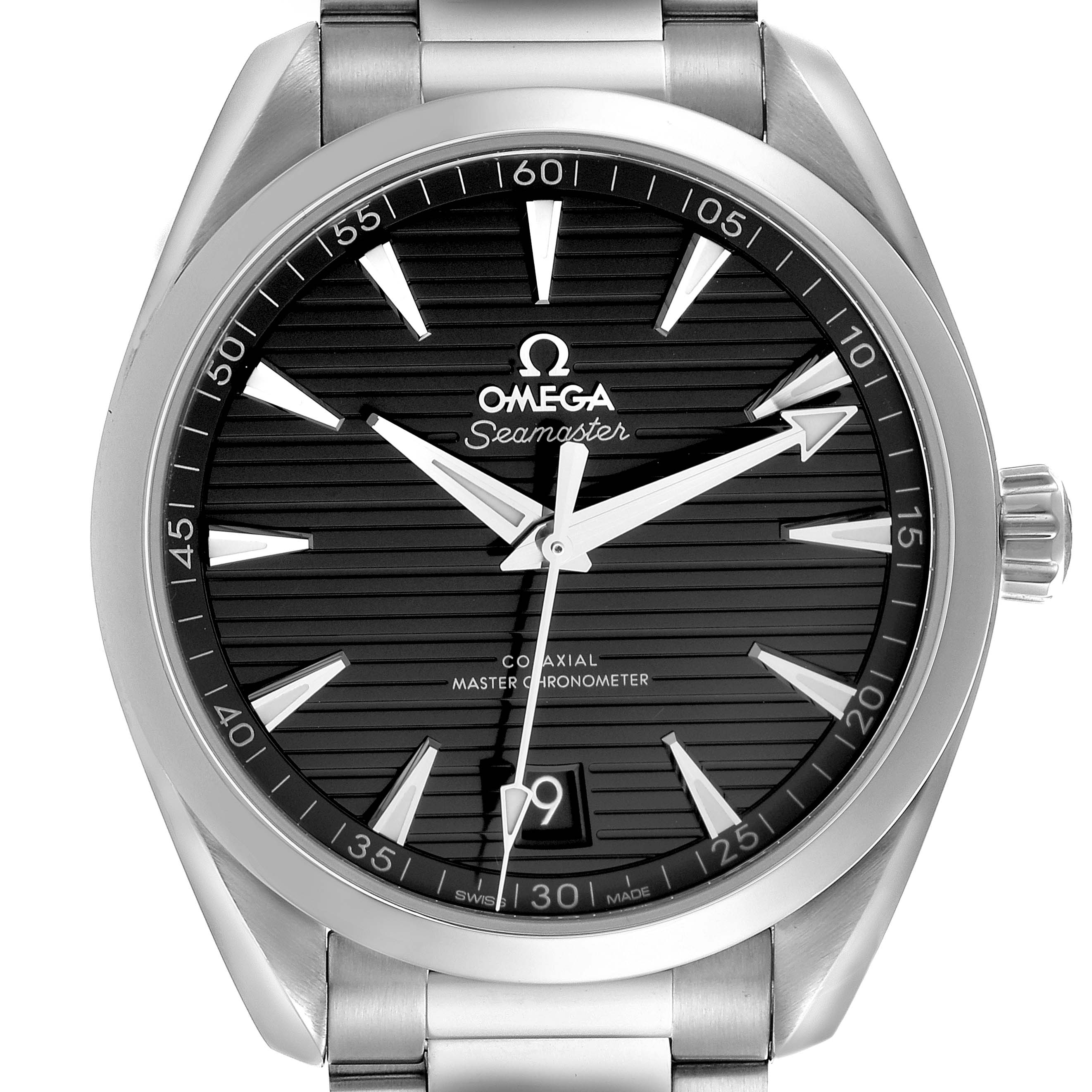 The image shows a front view of the Omega Aqua Terra 220.10.41.21.01.001 Men's Stainless Steel Black Dial 220.10.41.21.01.001 Men's Stainless Steel Black Dial watch, displaying its black dial, silver hands, and bracelet.