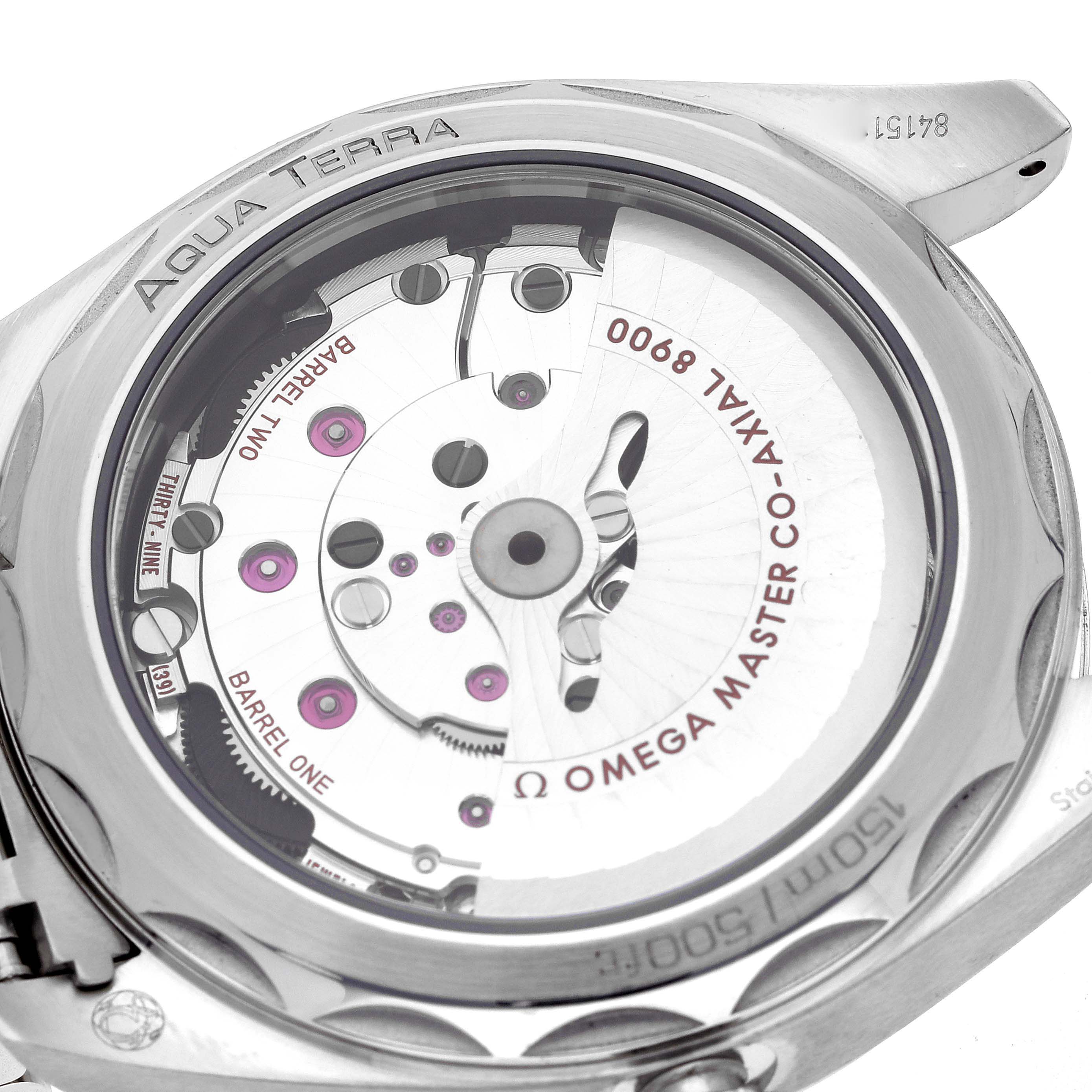 The image shows the back view of the Omega Aqua Terra 220.10.41.21.01.001 Men's Stainless Steel Black Dial 220.10.41.21.01.001 Men's Stainless Steel Black Dial watch, highlighting its movement and inner mechanisms.