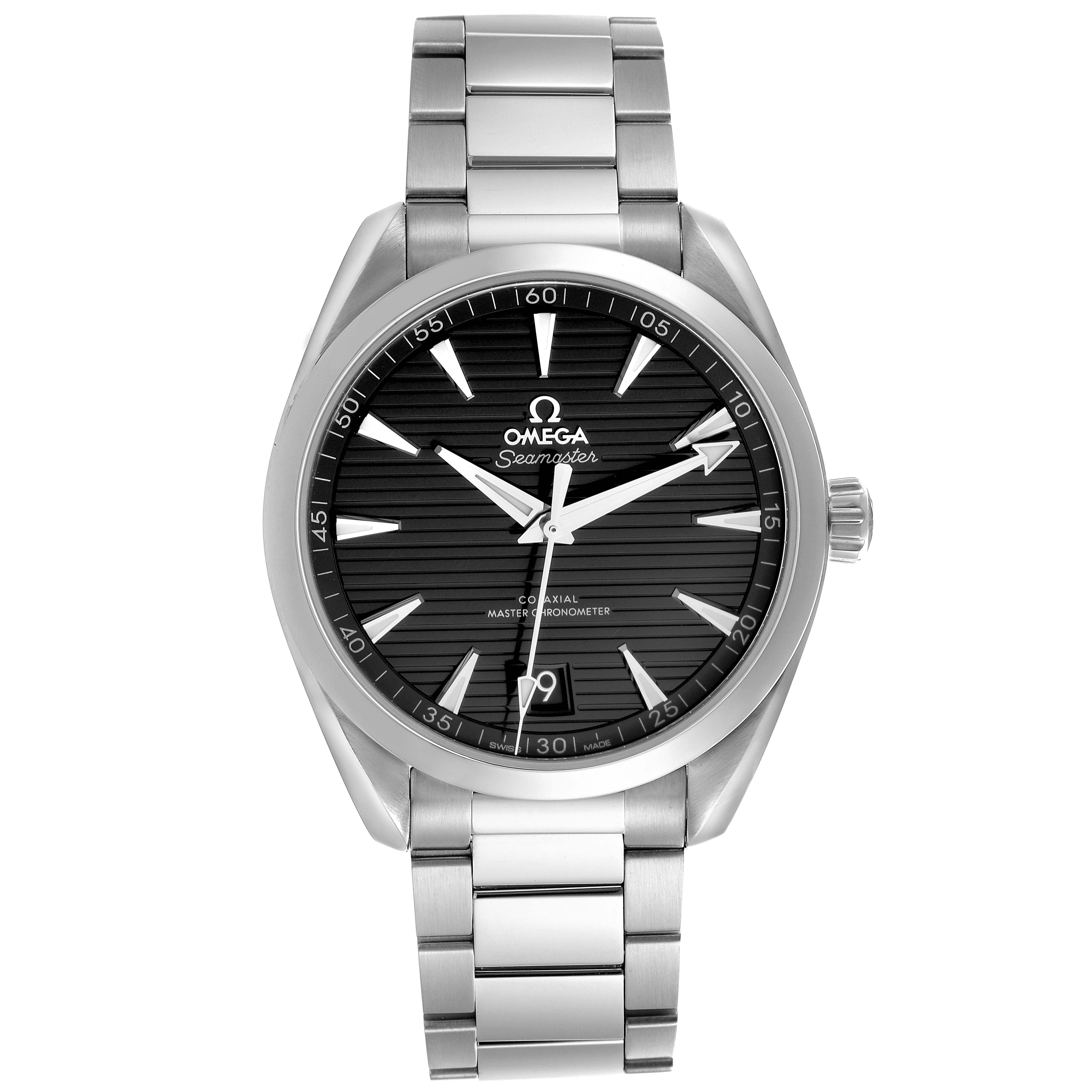 The Omega Aqua Terra 220.10.41.21.01.001 Men's Stainless Steel Black Dial 220.10.41.21.01.001 Men's Stainless Steel Black Dial watch is shown from the front, highlighting its black dial, hands, indices, and stainless steel bracelet.