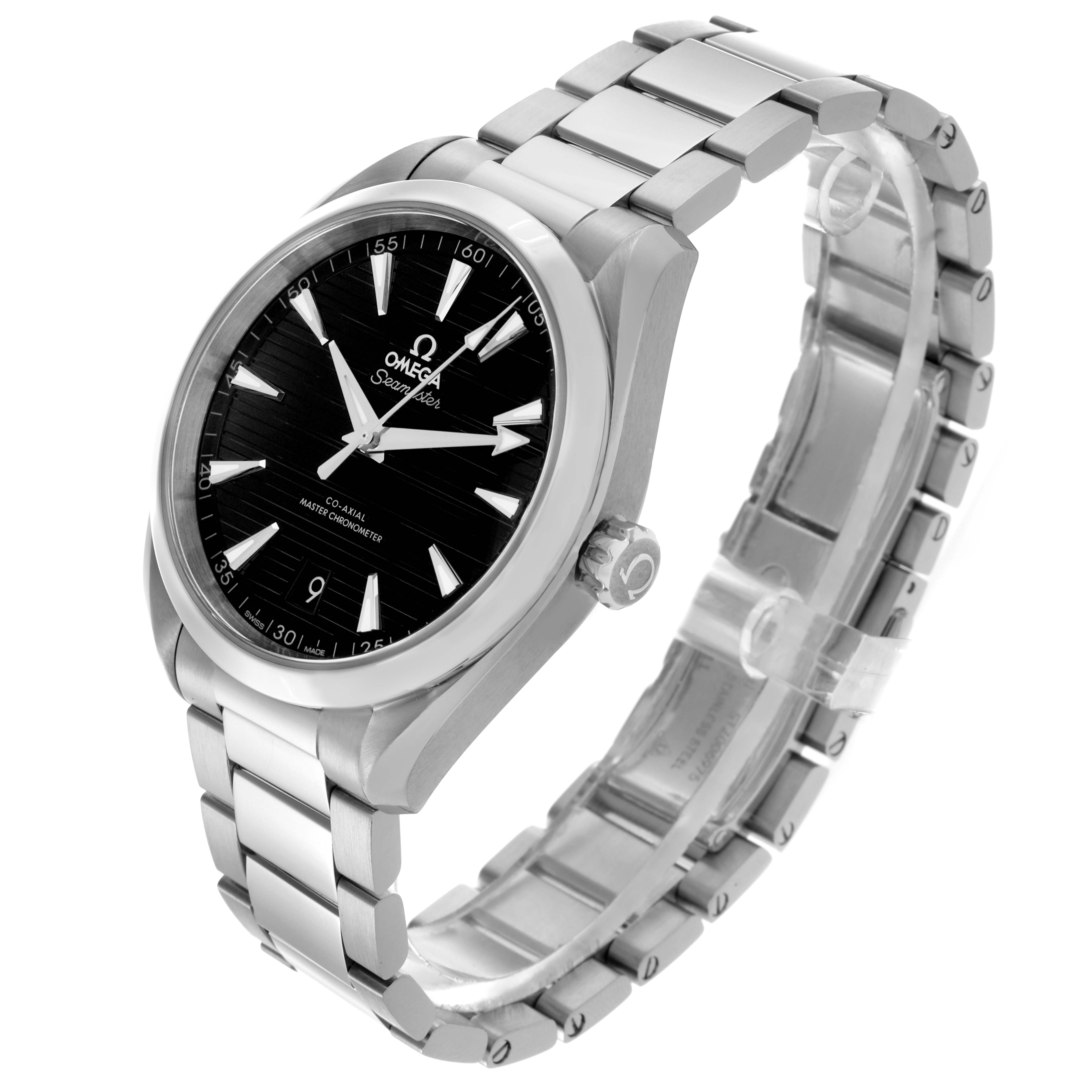 The Omega Aqua Terra 220.10.41.21.01.001 Men's Stainless Steel Black Dial 220.10.41.21.01.001 Men's Stainless Steel Black Dial watch is shown at a three-quarter angle, highlighting the face, bezel, crown, and stainless steel bracelet.