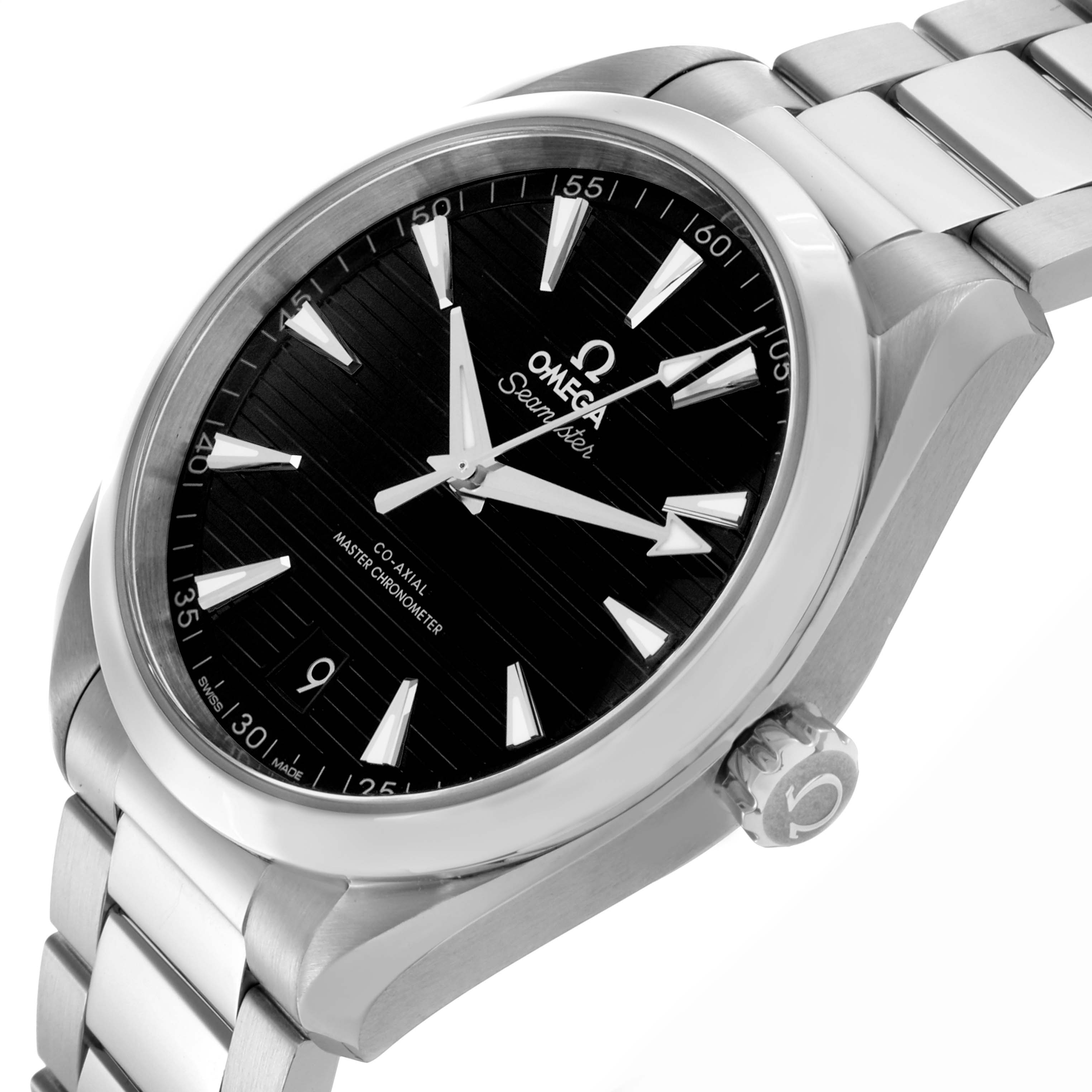 The Omega Aqua Terra 220.10.41.21.01.001 Men's Stainless Steel Black Dial 220.10.41.21.01.001 Men's Stainless Steel Black Dial watch is shown at an angle displaying the face, bezel, crown, and part of the bracelet.