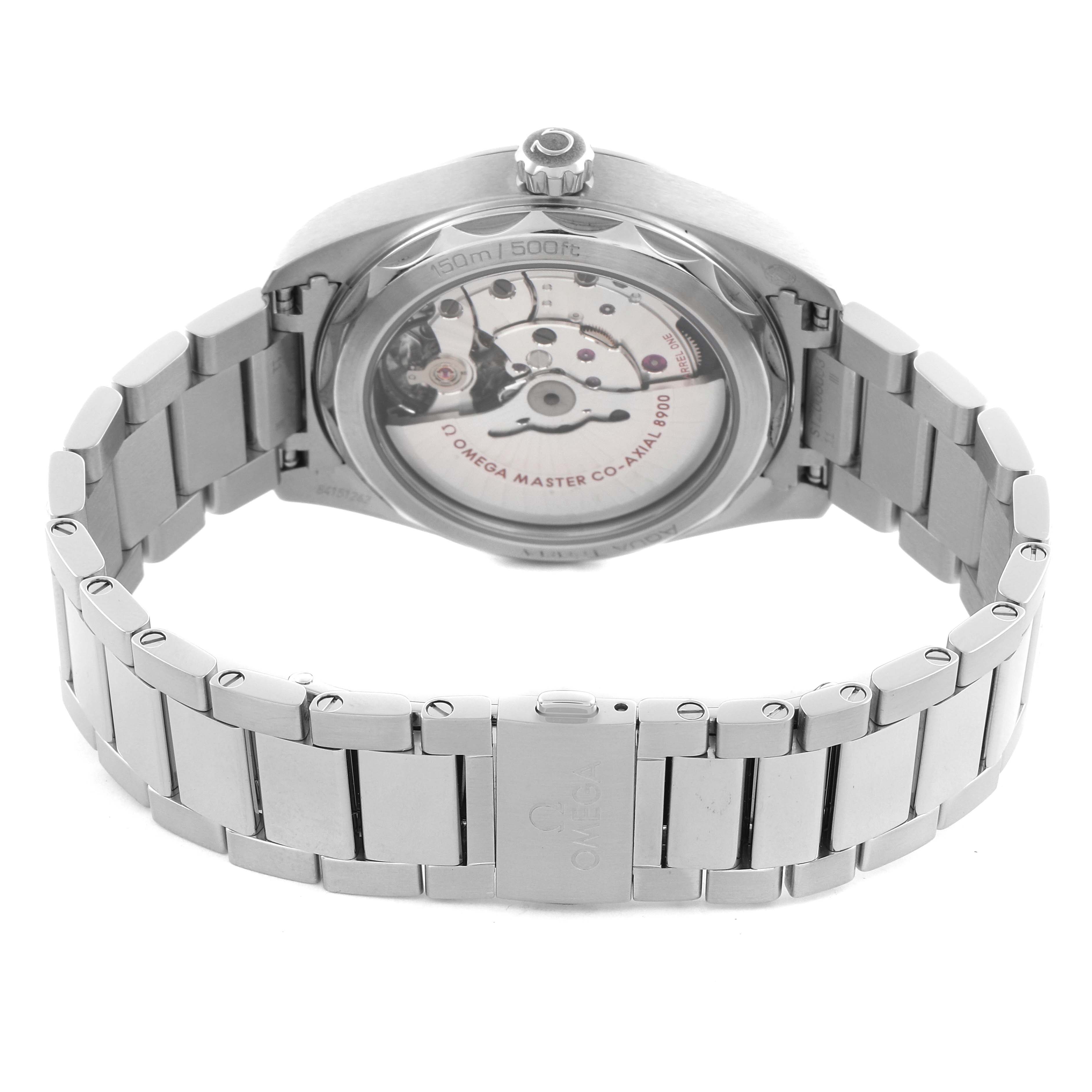 The Omega Aqua Terra 220.10.41.21.01.001 Men's Stainless Steel Black Dial 220.10.41.21.01.001 Men's Stainless Steel Black Dial watch is shown from the back, highlighting its movement and stainless steel bracelet.