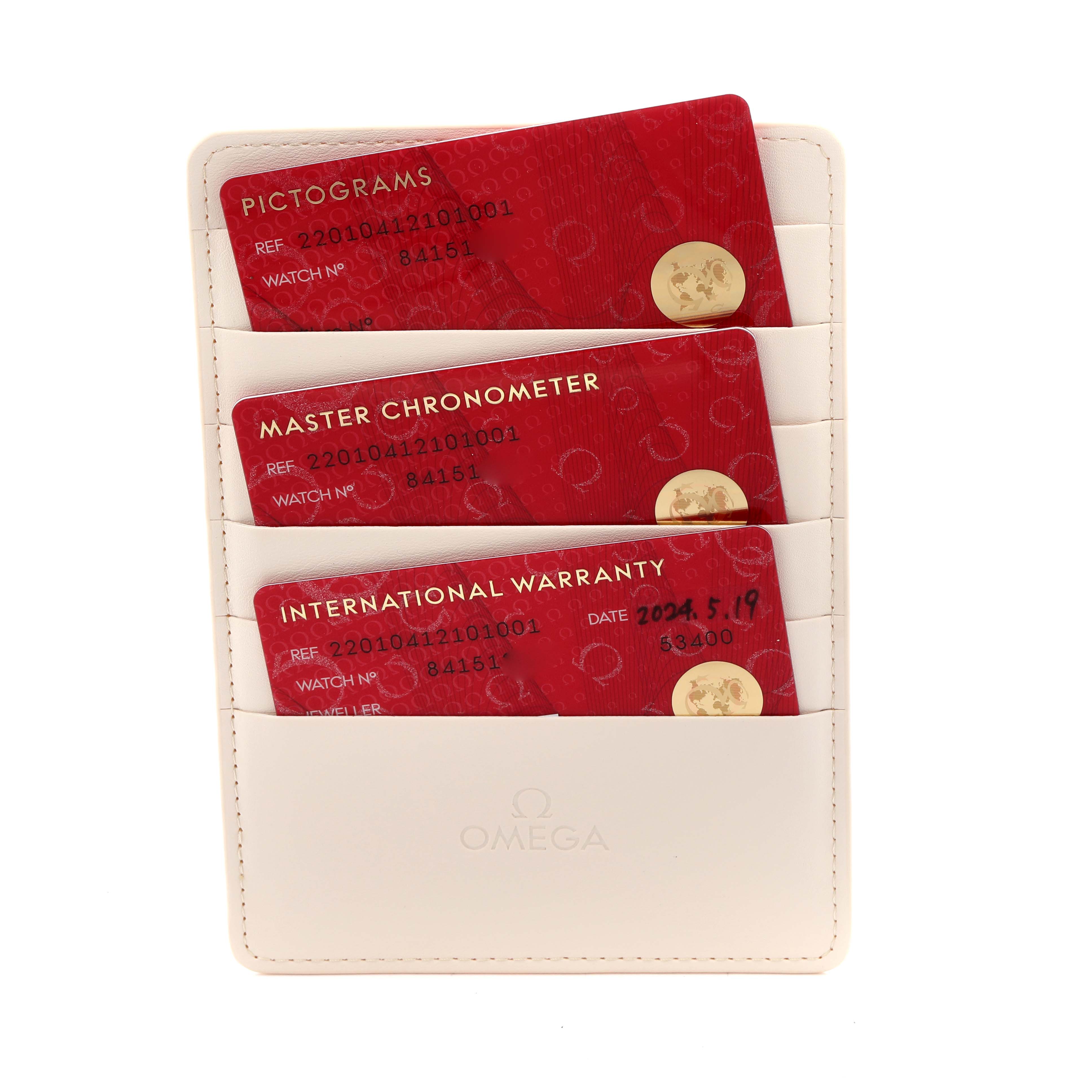 The image shows warranty cards for the Omega Aqua Terra 220.10.41.21.01.001 Men's Stainless Steel Black Dial 220.10.41.21.01.001 Men's Stainless Steel Black Dial model in a branded cardholder.