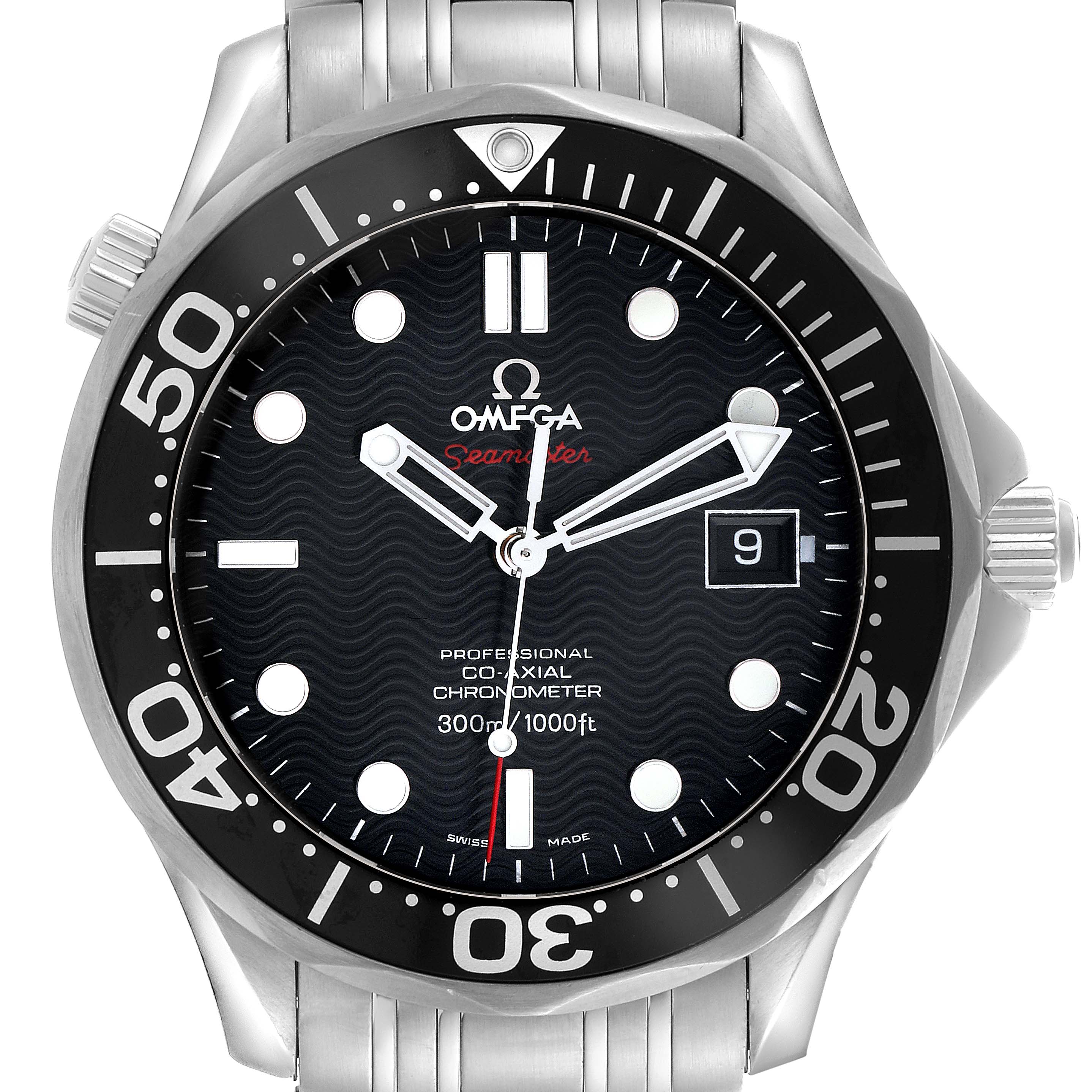 The Omega Seamaster 212.30.41.20.01.002 Men's Stainless Steel Black Dial 212.30.41.20.01.002 Men's Stainless Steel Black Dial watch is shown from a front angle, displaying the dial, bezel, hands, and part of the bracelet.