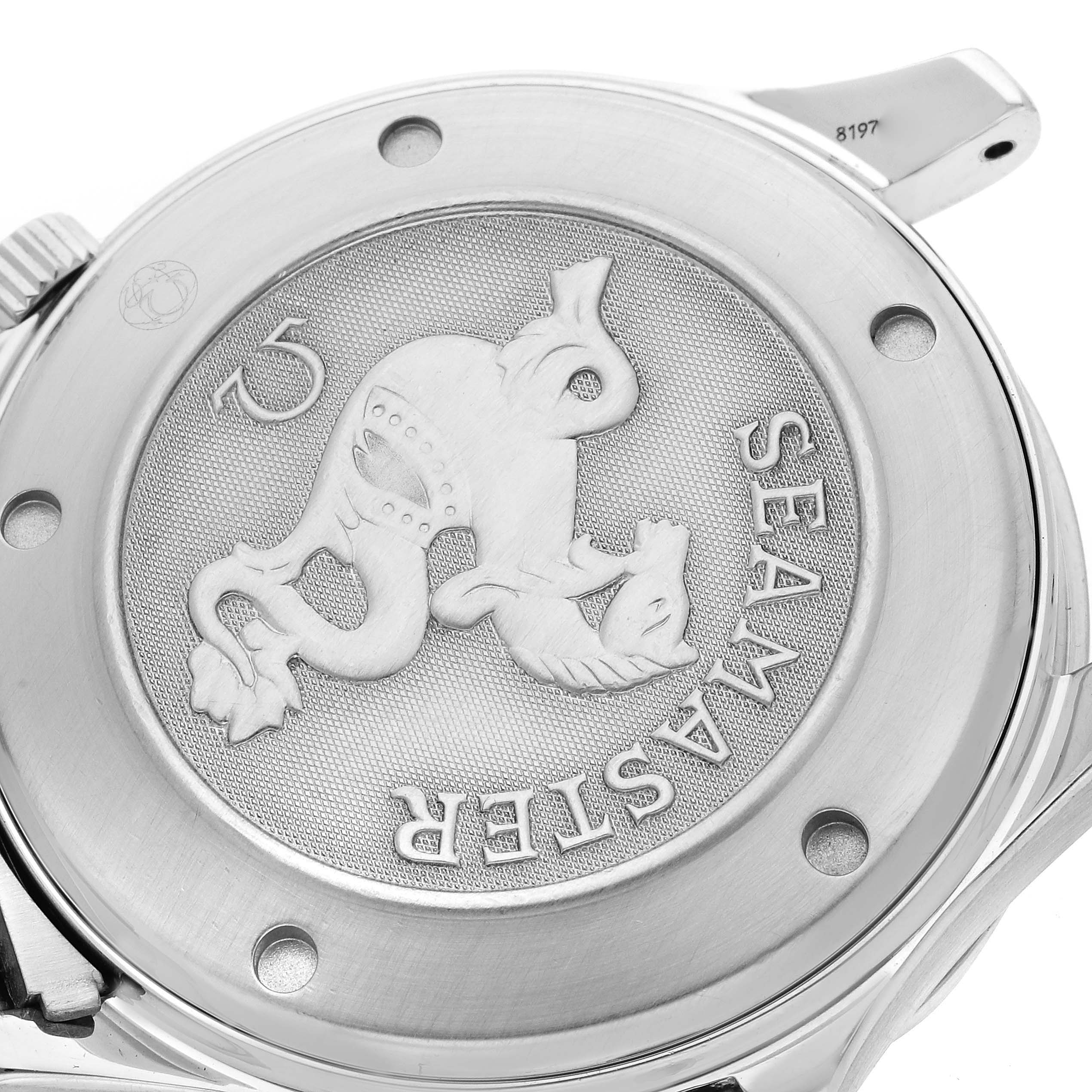 The image shows the back case of an Omega Seamaster 212.30.41.20.01.002 Men's Stainless Steel Black Dial 212.30.41.20.01.002 Men's Stainless Steel Black Dial featuring engravings and a sea creature emblem.