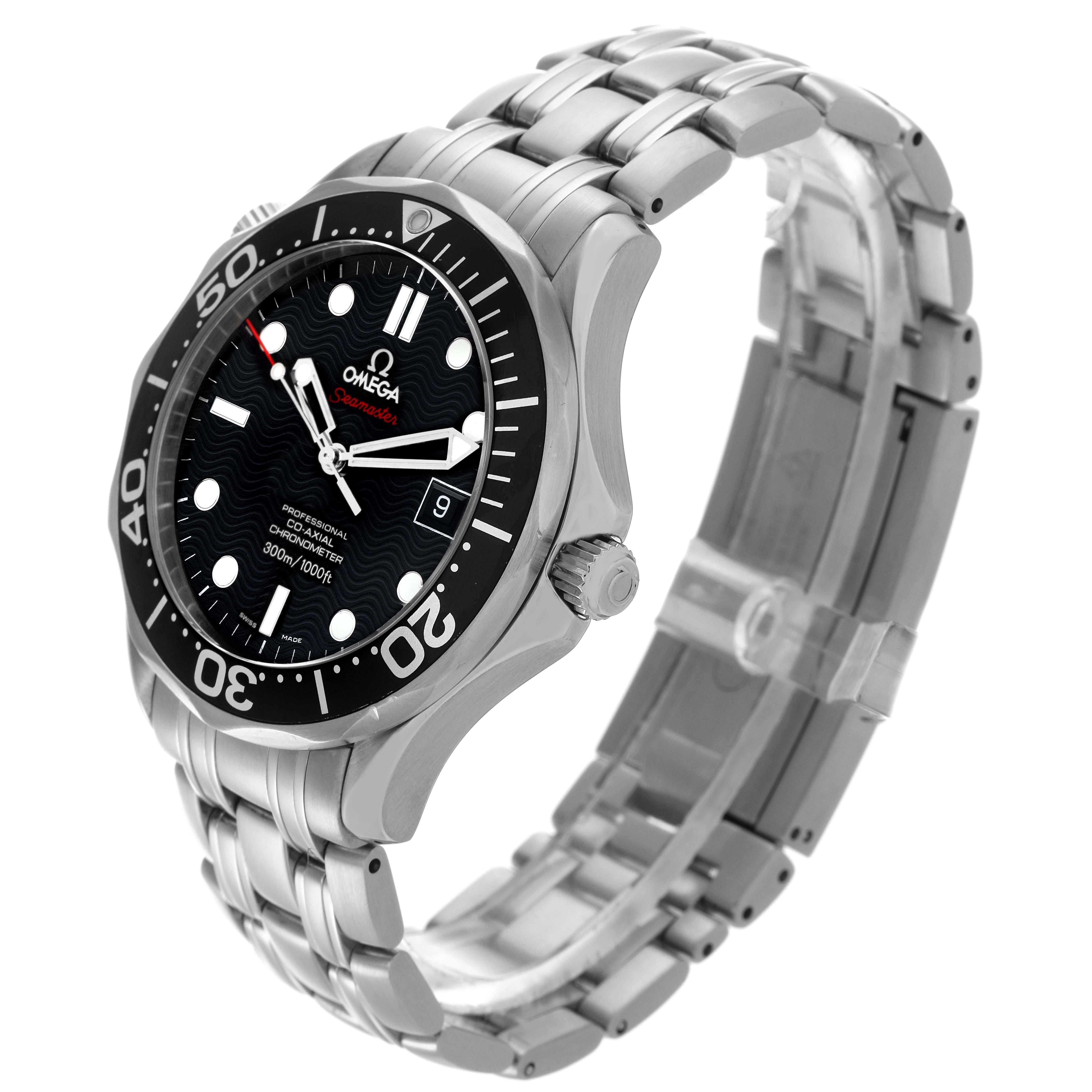 The Omega Seamaster 212.30.41.20.01.002 Men's Stainless Steel Black Dial 212.30.41.20.01.002 Men's Stainless Steel Black Dial watch is shown at a three-quarter right angle, displaying its face, bezel, crown, and metal bracelet.