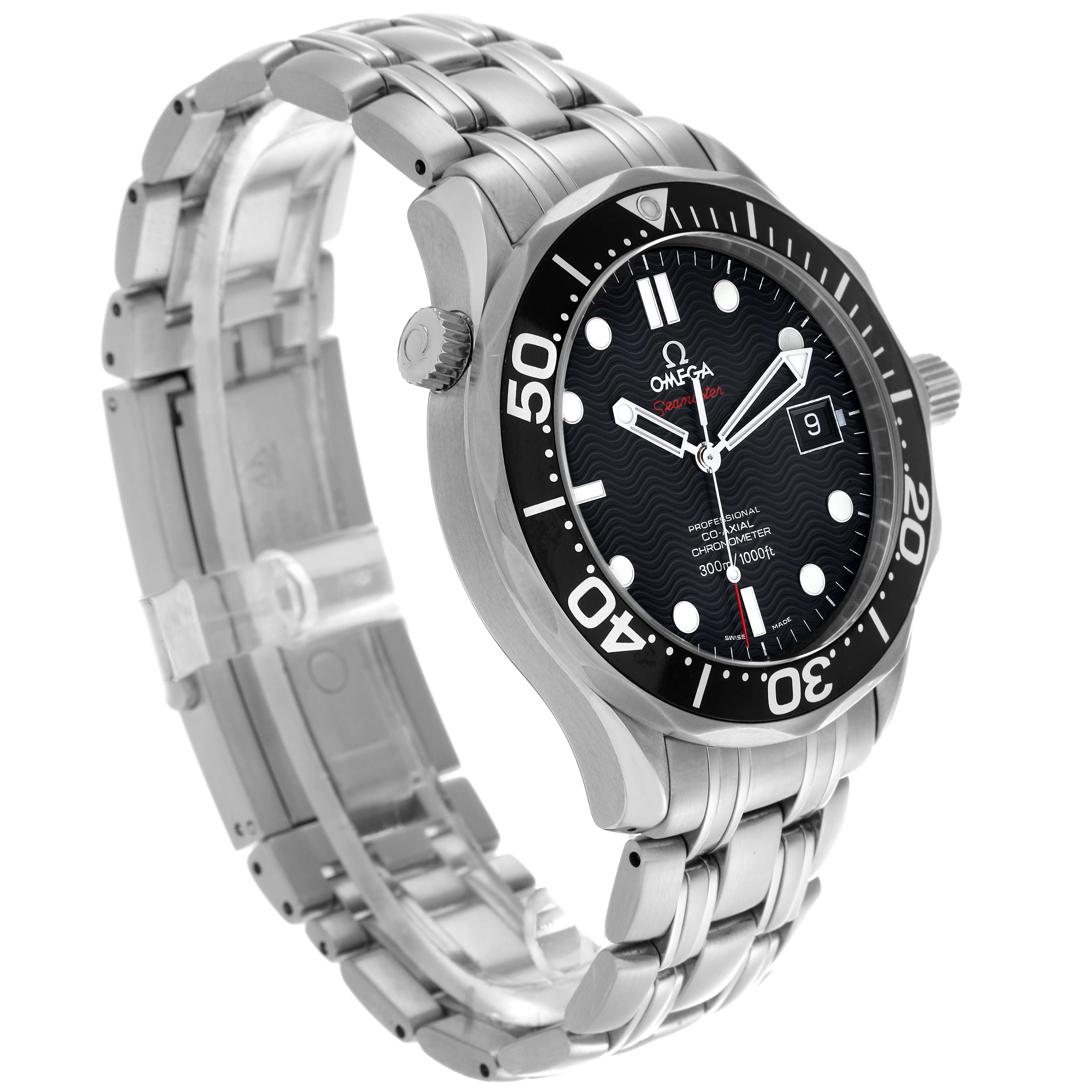 The image shows the Omega Seamaster 212.30.41.20.01.002 Men's Stainless Steel Black Dial 212.30.41.20.01.002 Men's Stainless Steel Black Dial watch at a three-quarter angle, displaying the face, bezel, bracelet, and crown.