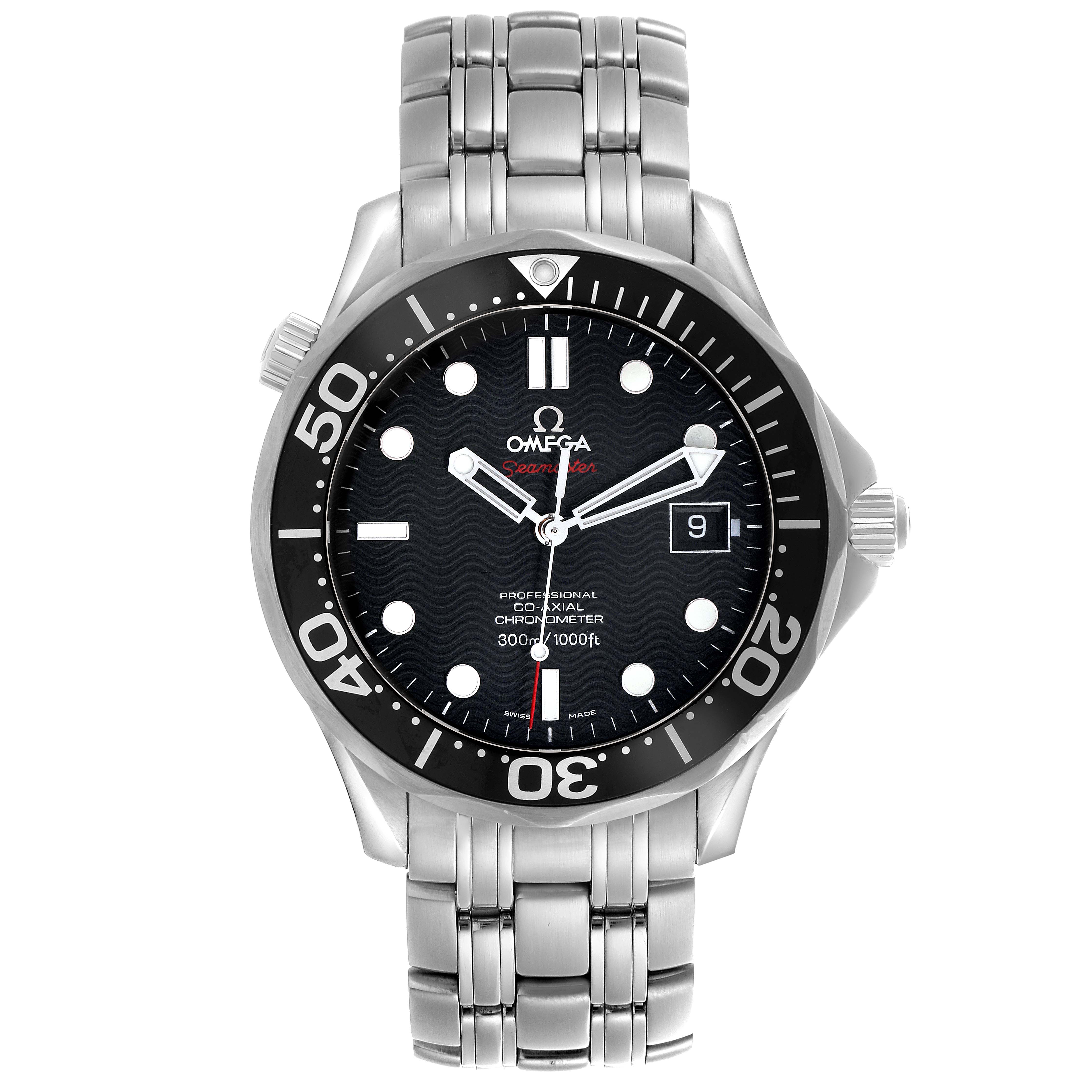 The Omega Seamaster 212.30.41.20.01.002 Men's Stainless Steel Black Dial 212.30.41.20.01.002 Men's Stainless Steel Black Dial watch is shown from a front angle, displaying the face, bezel, dial, hands, and bracelet.