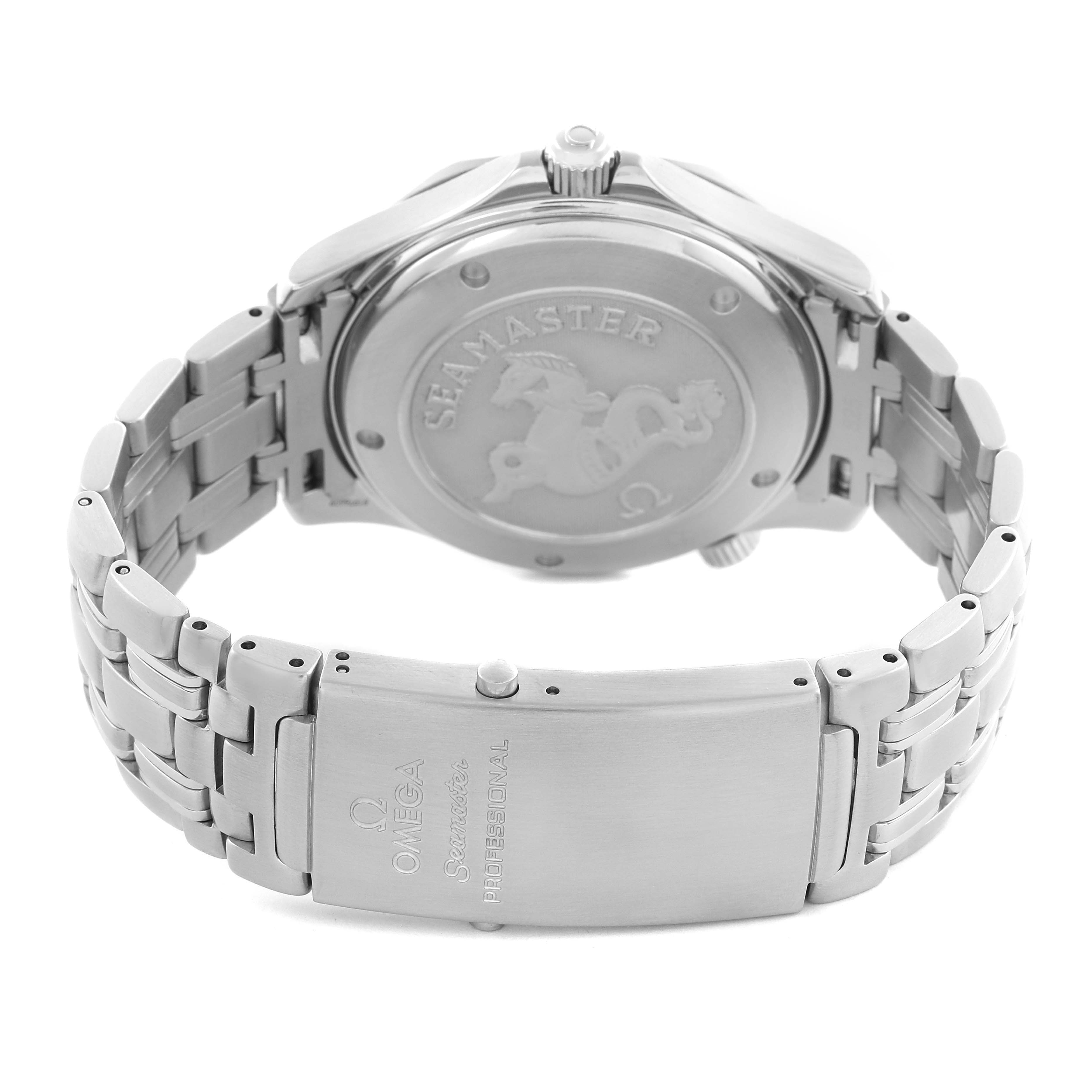 The image shows the back view of an Omega Seamaster 212.30.41.20.01.002 Men's Stainless Steel Black Dial 212.30.41.20.01.002 Men's Stainless Steel Black Dial watch, focusing on the case back and metal bracelet with clasp details.