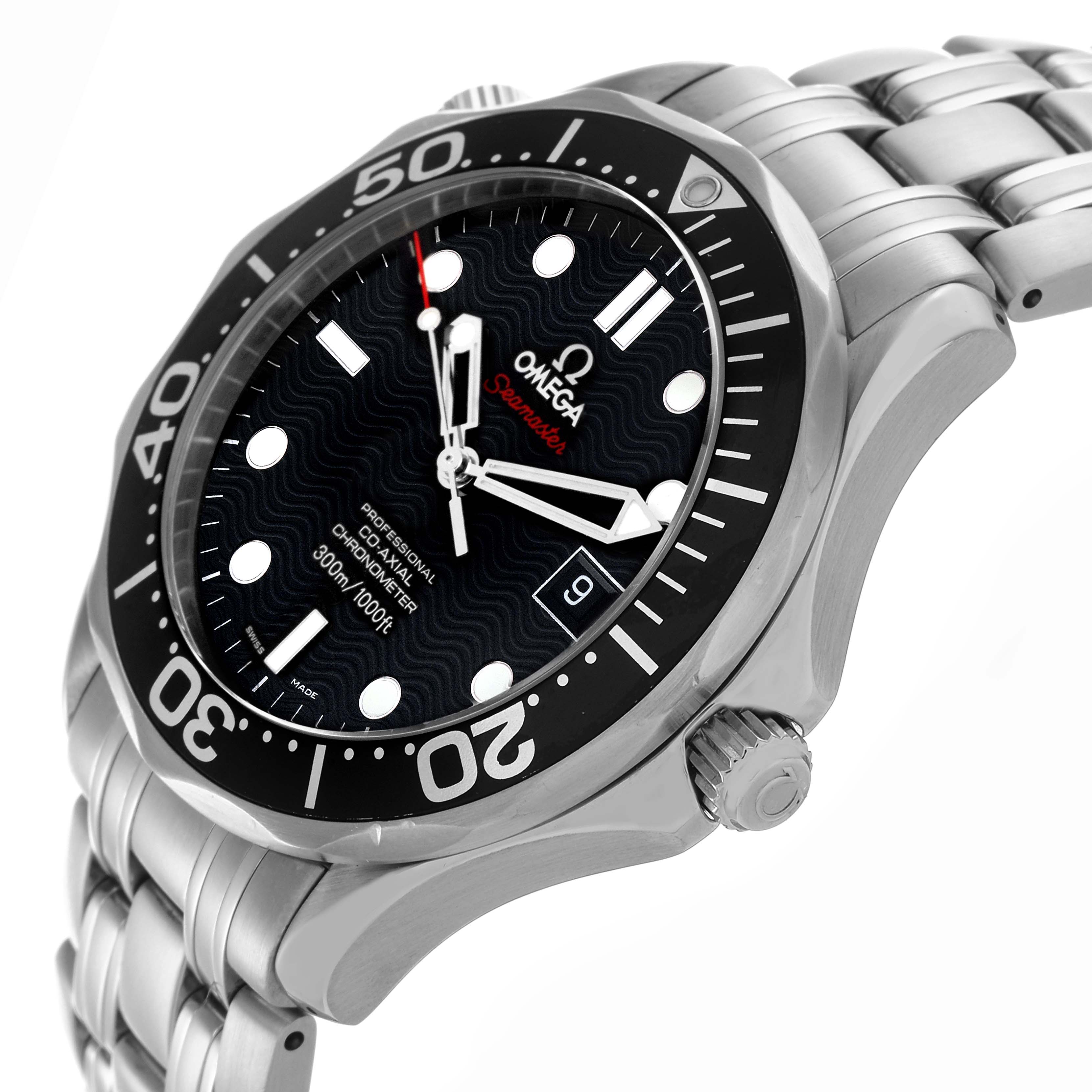 The Omega Seamaster 212.30.41.20.01.002 Men's Stainless Steel Black Dial 212.30.41.20.01.002 Men's Stainless Steel Black Dial watch is shown from a side angle, highlighting the bezel, crown, bracelet, and detailed watch face.