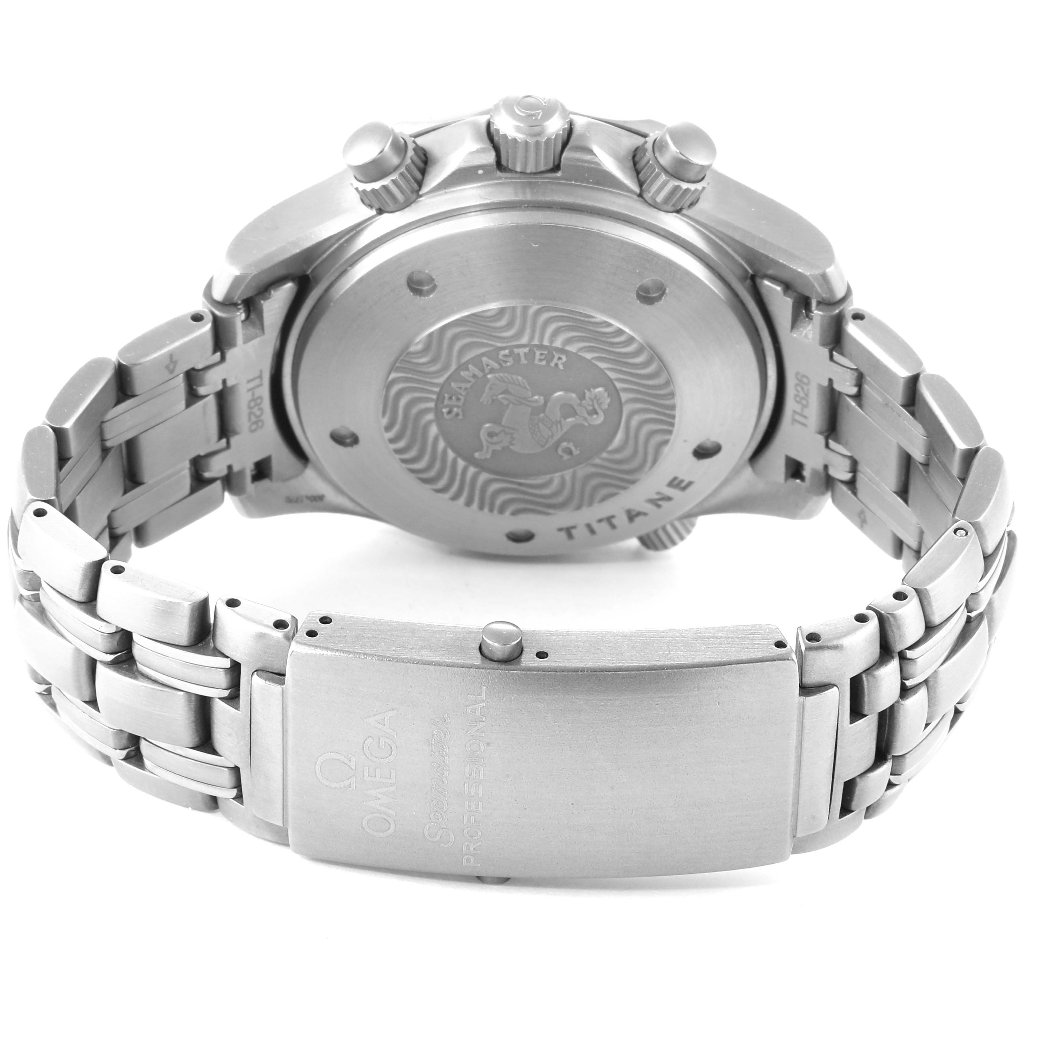 This image shows the back case and bracelet clasp of an Omega Seamaster 2298.80.00 Men
s Titanium Blue Dial 2298.80.00 Men
s Titanium Blue Dial watch, highlighting the "Titanium" engraving.