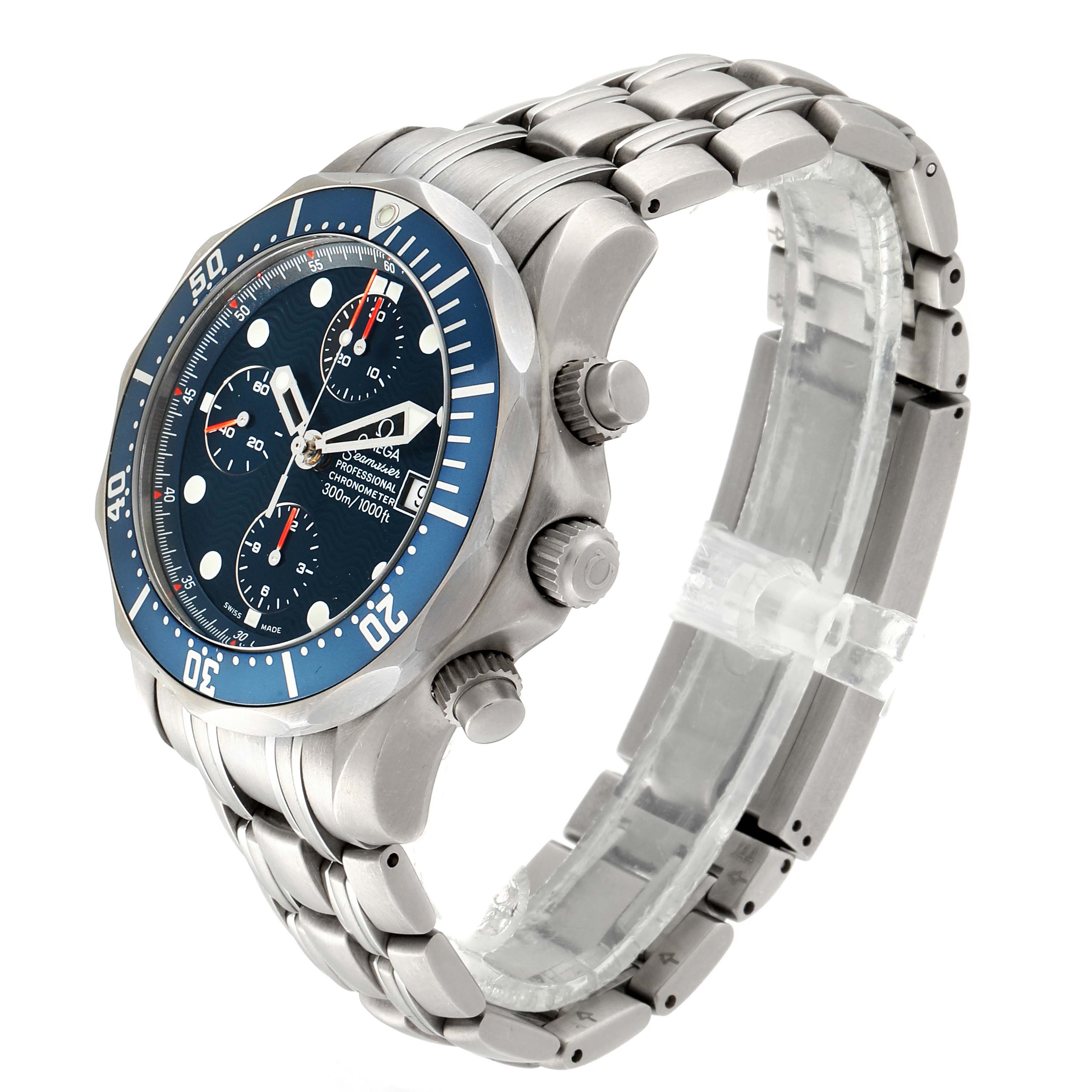The Omega Seamaster 2298.80.00 Men
s Titanium Blue Dial 2298.80.00 Men
s Titanium Blue Dial watch is shown from an angled side view, highlighting the watch face, bezel, crown, and bracelet.