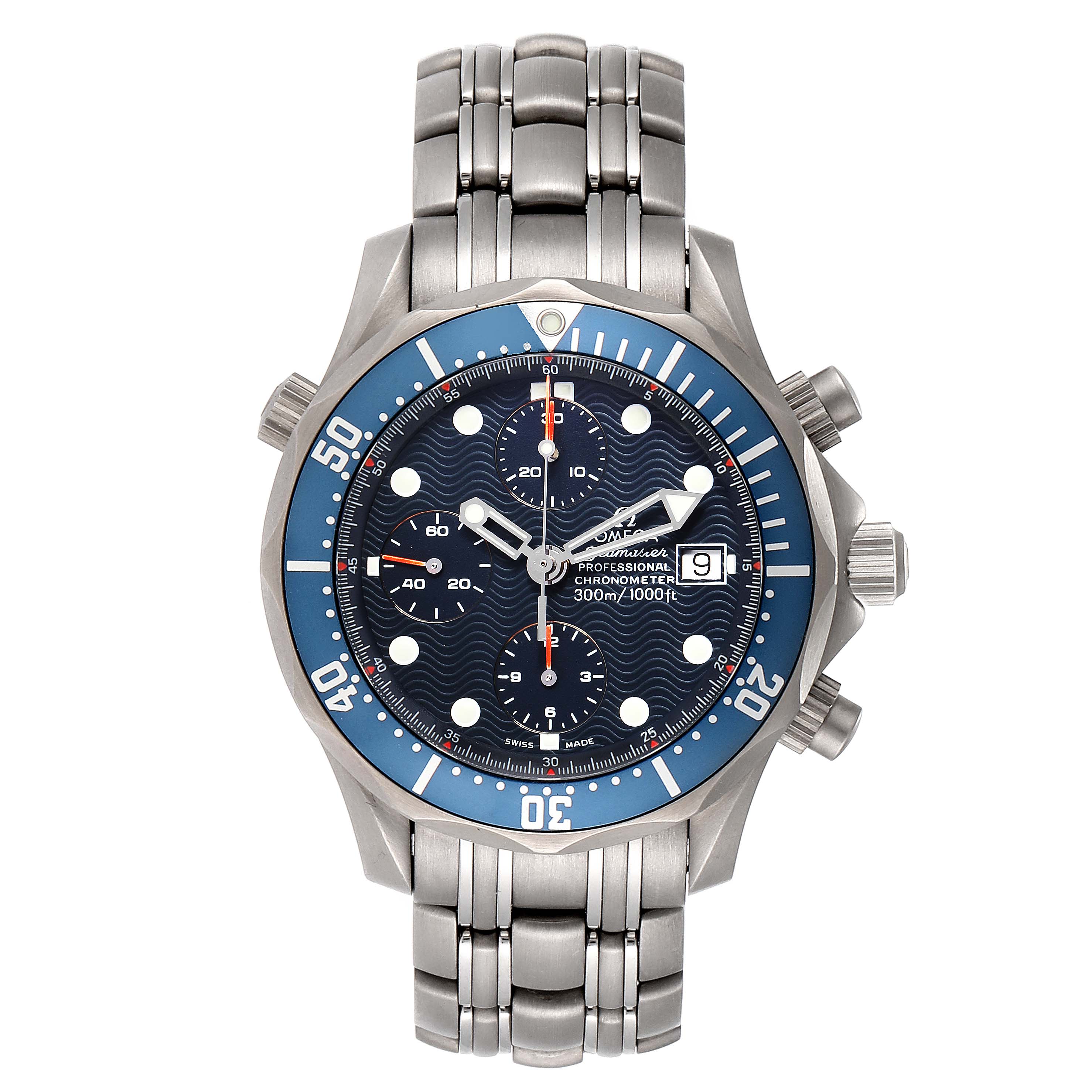 The image shows a front view of the Omega Seamaster 2298.80.00 Men
s Titanium Blue Dial 2298.80.00 Men
s Titanium Blue Dial watch featuring the dial, bezel, case, bracelet, and crown.