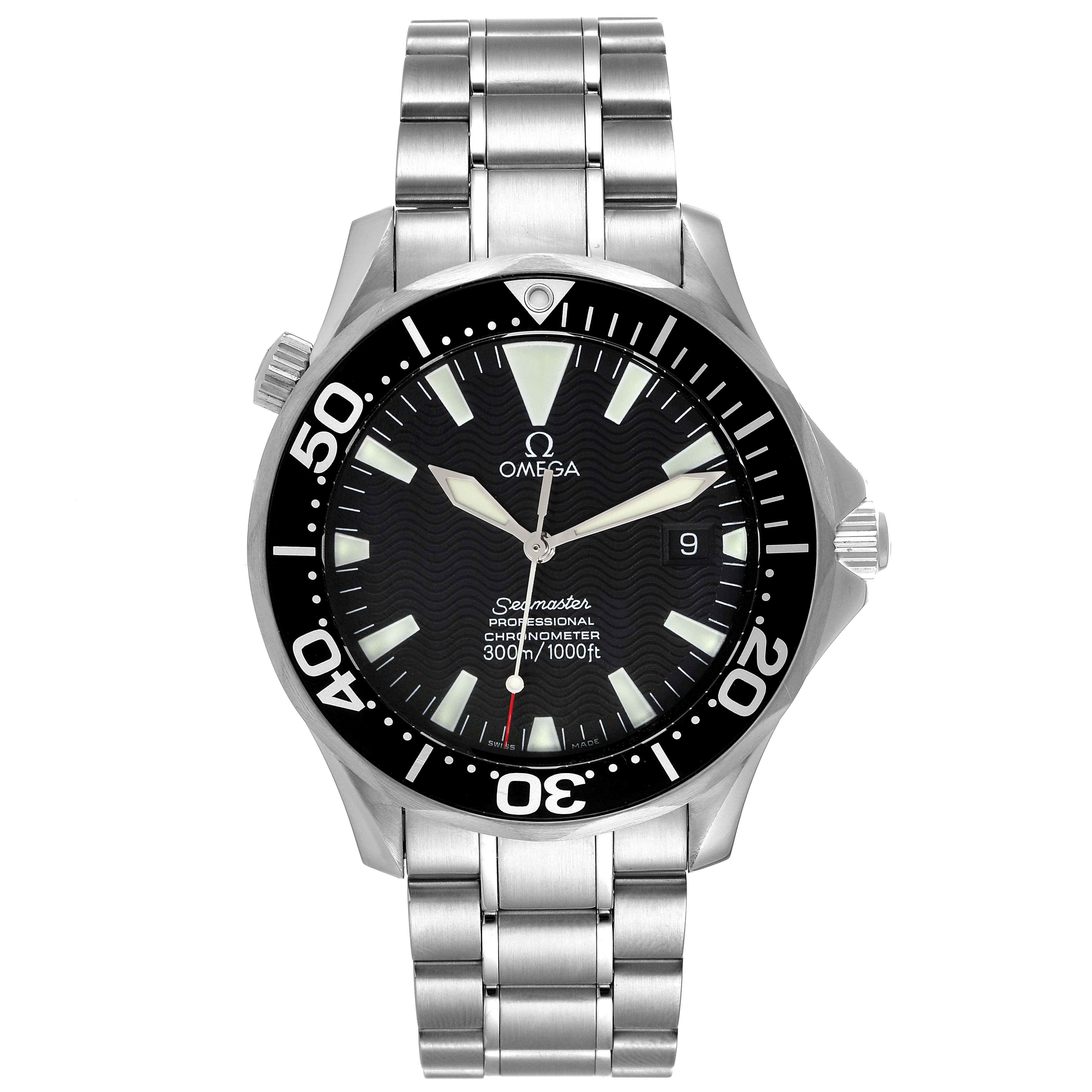 The image shows a front view of the Omega Seamaster 2254.50.00 Men's Stainless Steel Black Dial 2254.50.00 Men's Stainless Steel Black Dial watch, highlighting its dial, bezel, and bracelet.