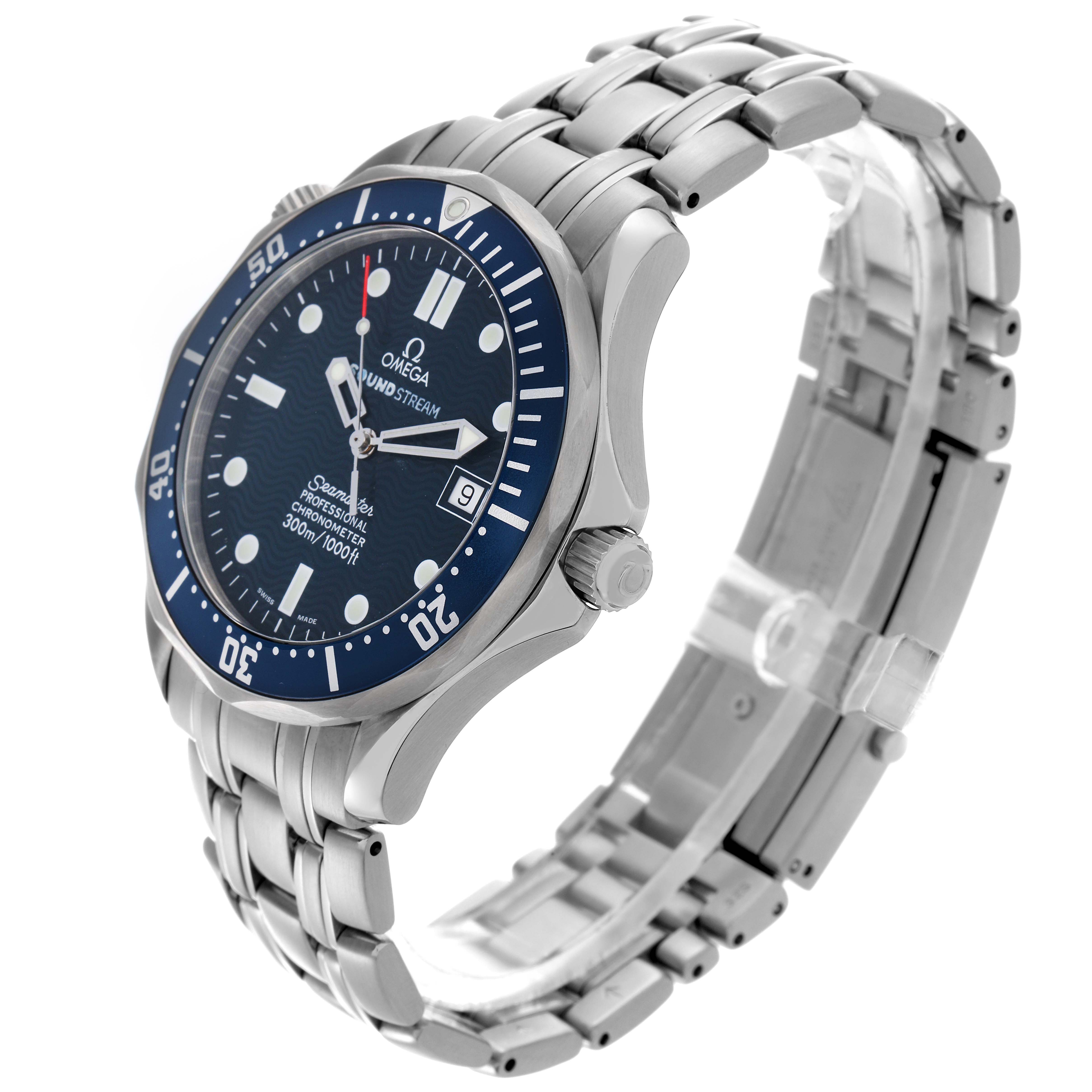 The Omega Seamaster 2531.80.00 Men
s Stainless Steel Blue Dial 2531.80.00 Men
s Stainless Steel Blue Dial watch is shown at a three-quarter angle, highlighting the face, bezel, crown, and bracelet.