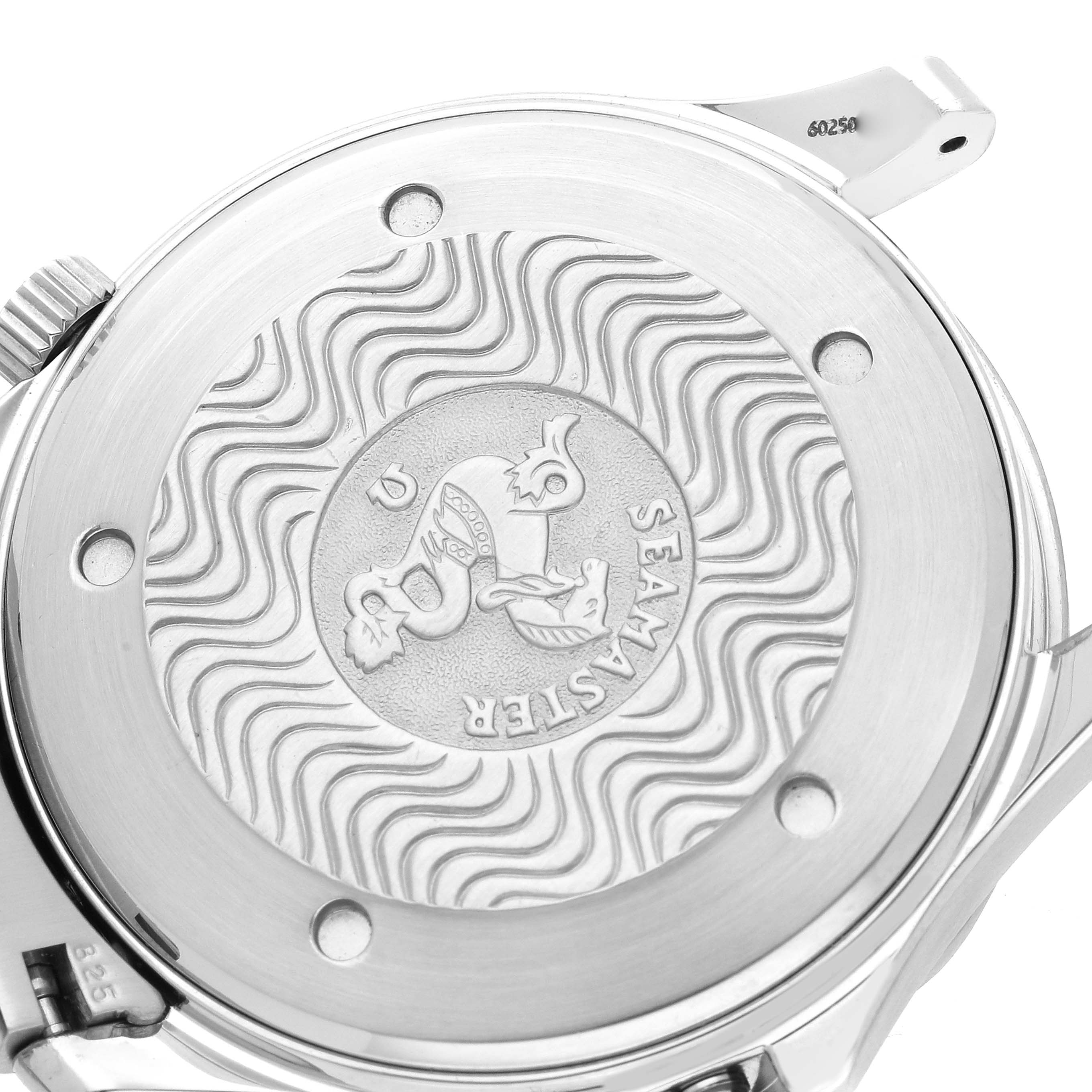 The image shows the case back of the Omega Seamaster 2531.80.00 Men
s Stainless Steel Blue Dial 2531.80.00 Men
s Stainless Steel Blue Dial watch with engraved logos and wave patterns from a top-down angle.