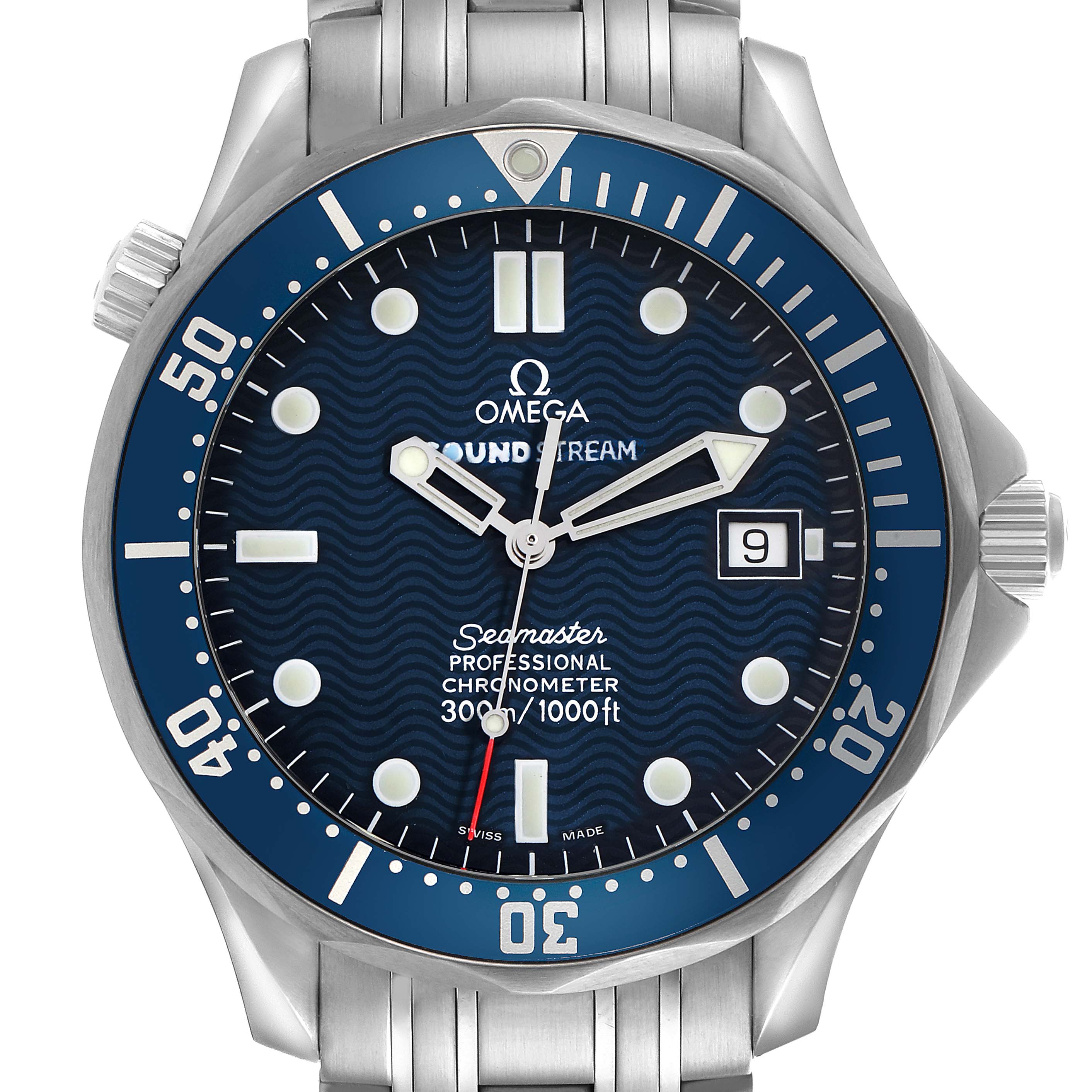 The Omega Seamaster 2531.80.00 Men
s Stainless Steel Blue Dial 2531.80.00 Men
s Stainless Steel Blue Dial watch is shown from a front angle, displaying the dial and a portion of the metal bracelet.