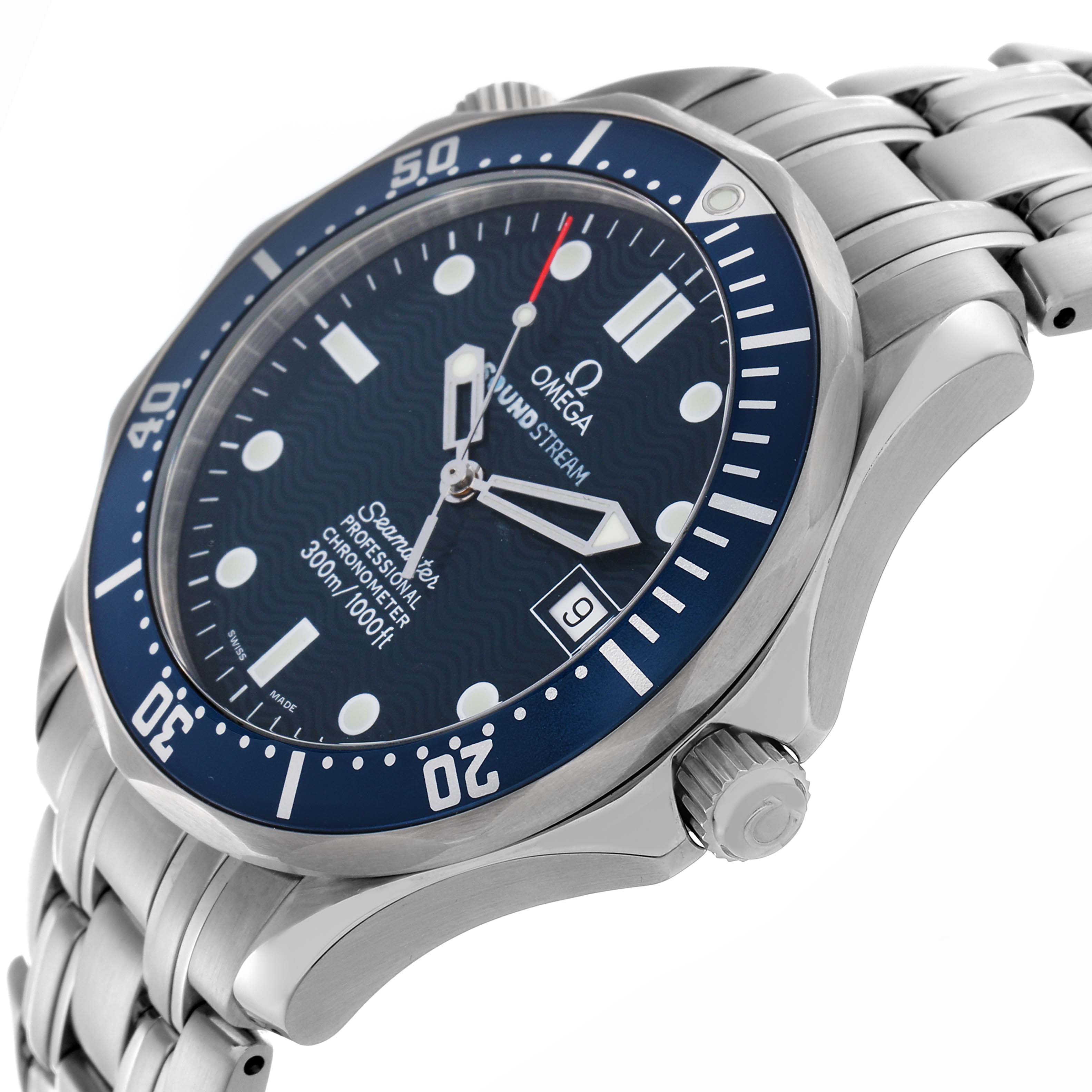 The Omega Seamaster 2531.80.00 Men
s Stainless Steel Blue Dial 2531.80.00 Men
s Stainless Steel Blue Dial watch is shown at an angled view highlighting the face, bezel, crown, and bracelet.