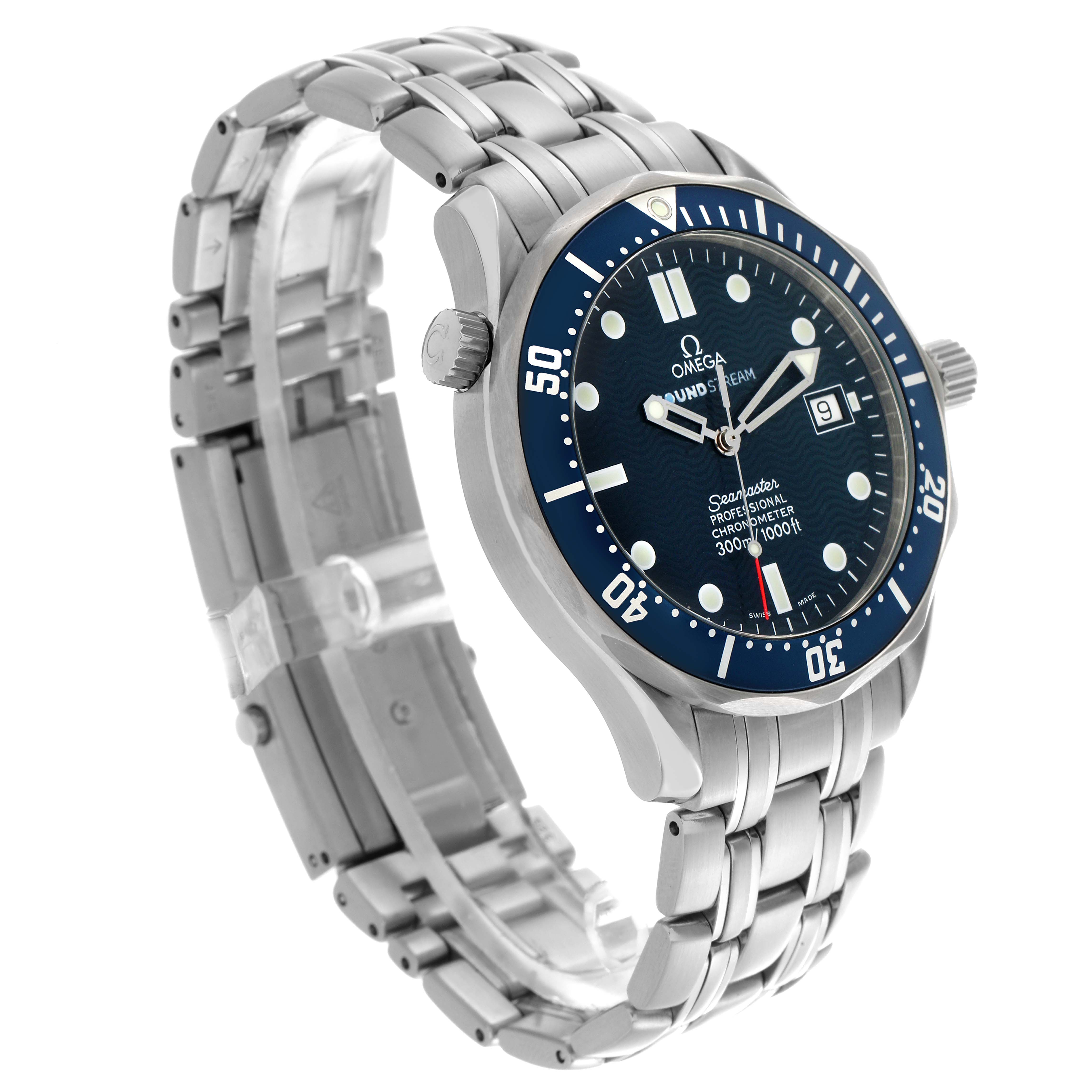 The Omega Seamaster 2531.80.00 Men
s Stainless Steel Blue Dial 2531.80.00 Men
s Stainless Steel Blue Dial watch is shown at an angled view, highlighting its face, bezel, bracelet, and crown.