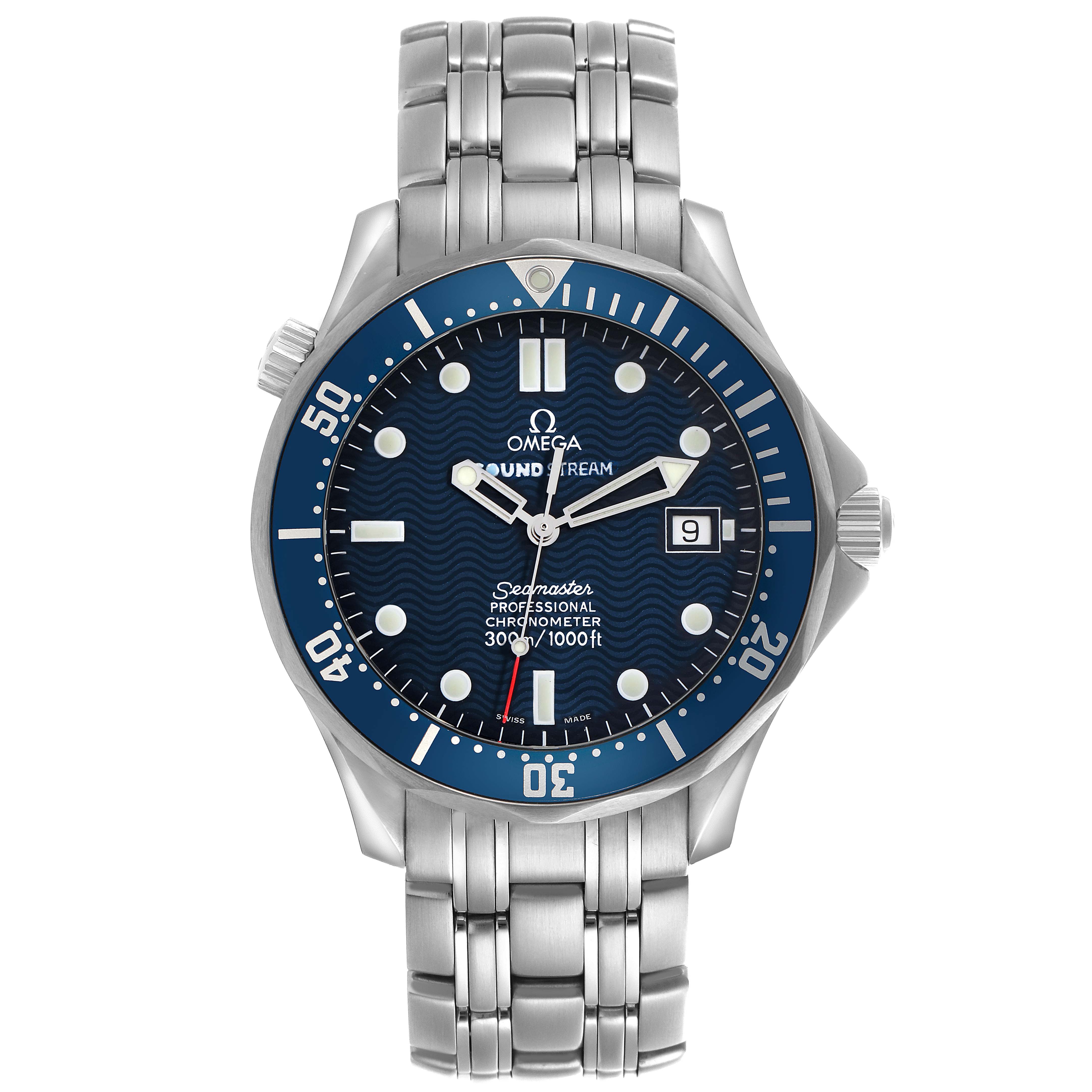 The Omega Seamaster 2531.80.00 Men
s Stainless Steel Blue Dial 2531.80.00 Men
s Stainless Steel Blue Dial watch is shown from a front angle, displaying the face, bezel, bracelet, and crown.