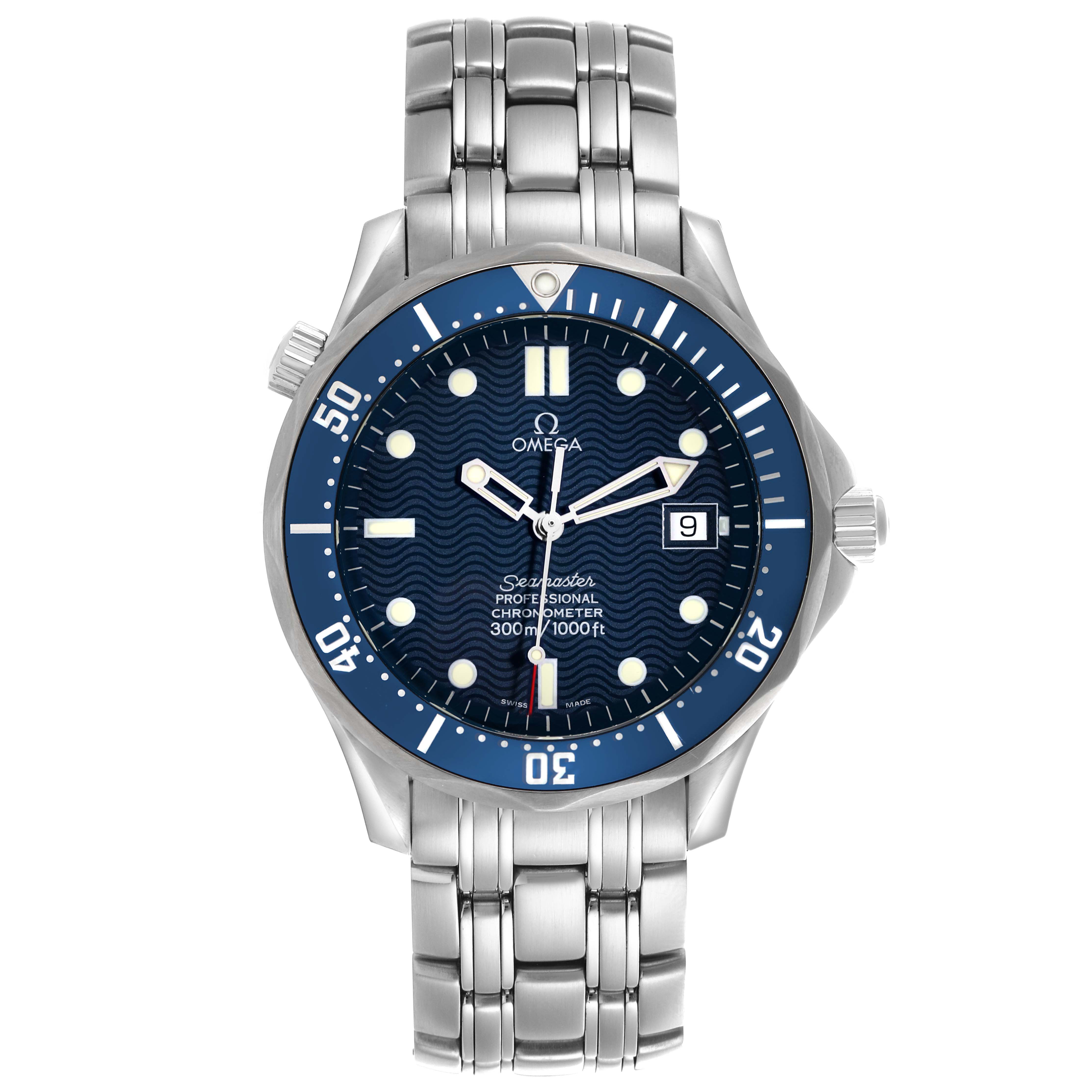 The Omega Seamaster 2531.80.00 Men's Stainless Steel Blue Dial 2531.80.00 Men's Stainless Steel Blue Dial watch is shown from a front angle, highlighting the blue dial, date window, and metal bracelet.
