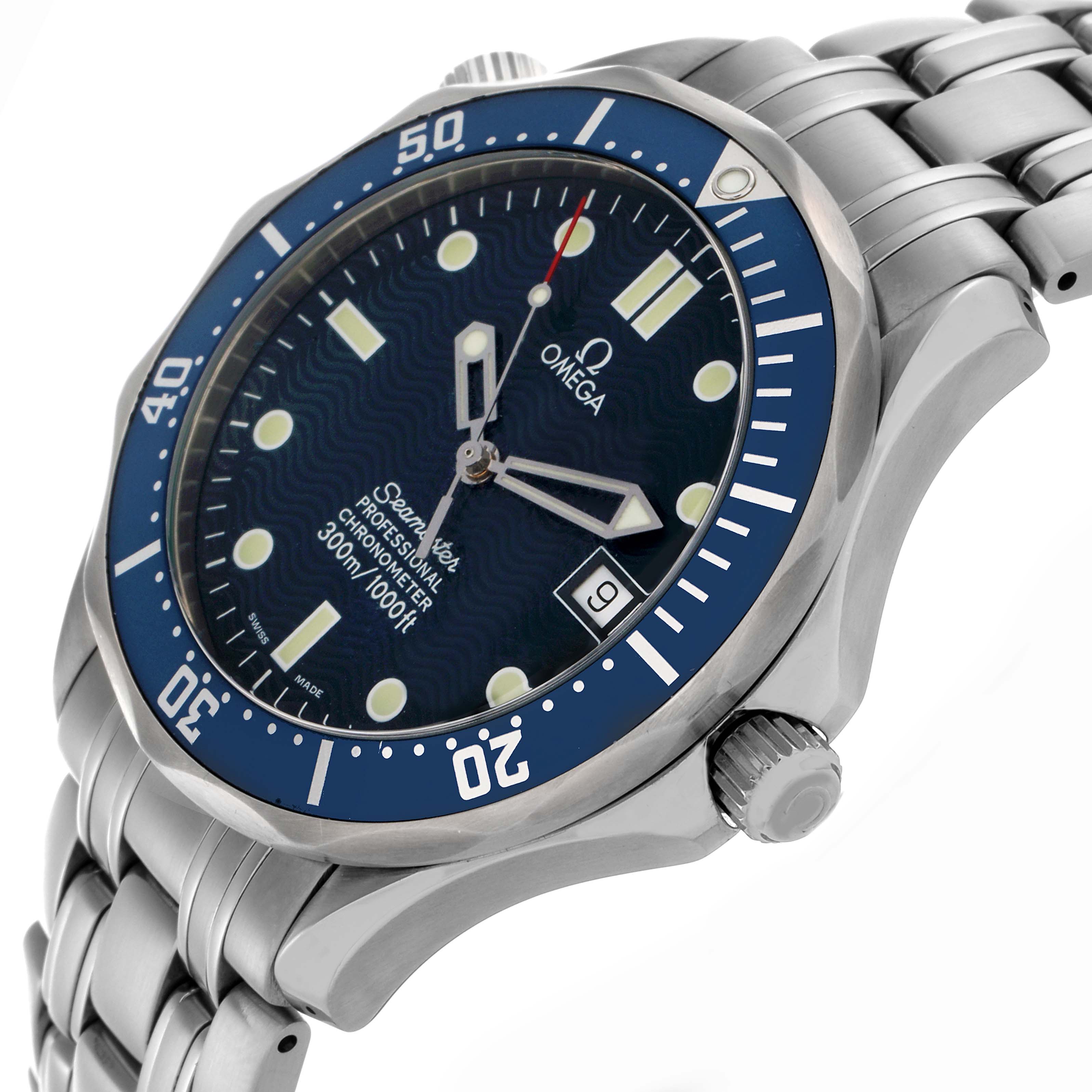 The Omega Seamaster 2531.80.00 Men's Stainless Steel Blue Dial 2531.80.00 Men's Stainless Steel Blue Dial watch is shown at an angle revealing the case, bezel, dial, bracelet, and crown.