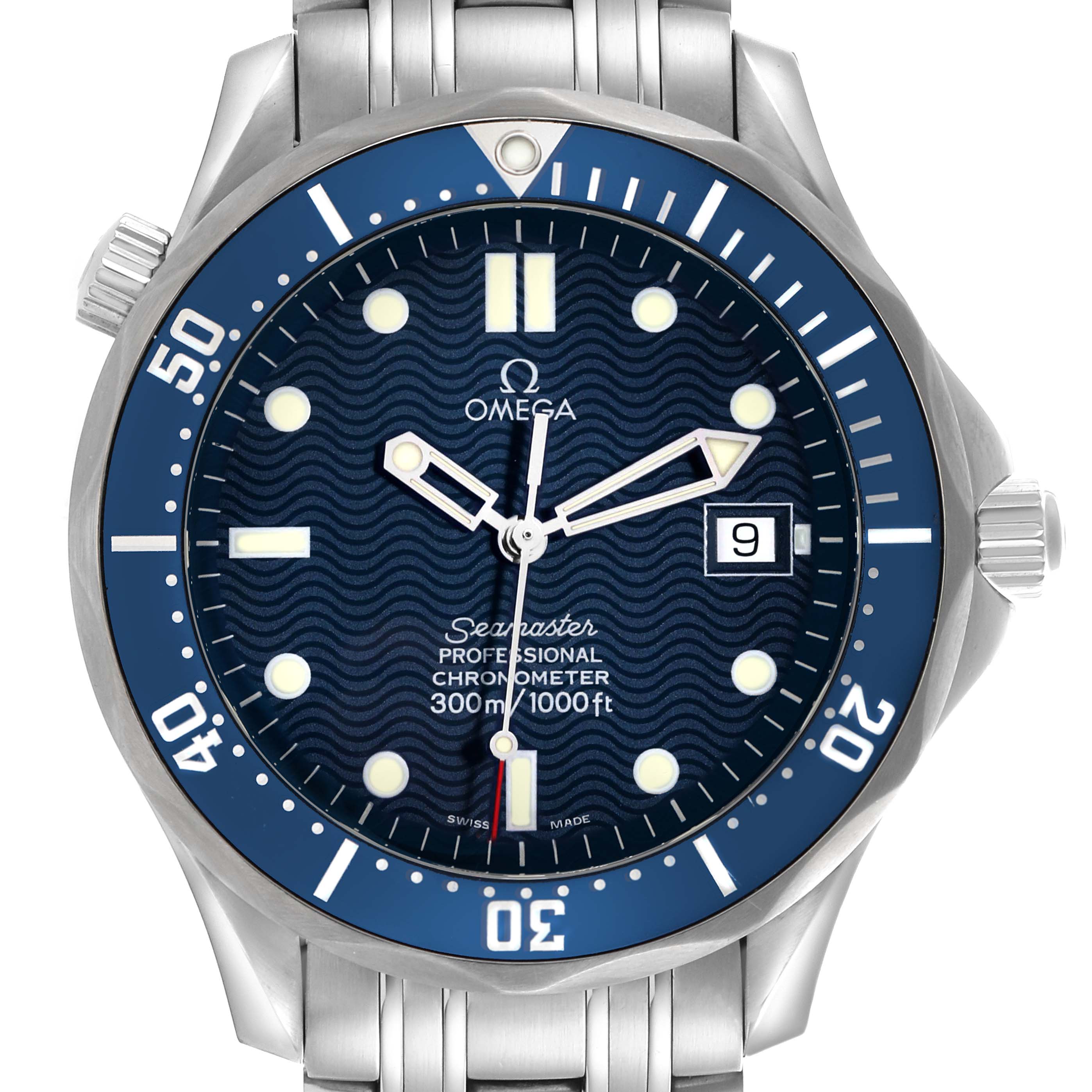 The Omega Seamaster 2531.80.00 Men's Stainless Steel Blue Dial 2531.80.00 Men's Stainless Steel Blue Dial watch is shown from the front, featuring the dial, bezel, hands, and bracelet.
