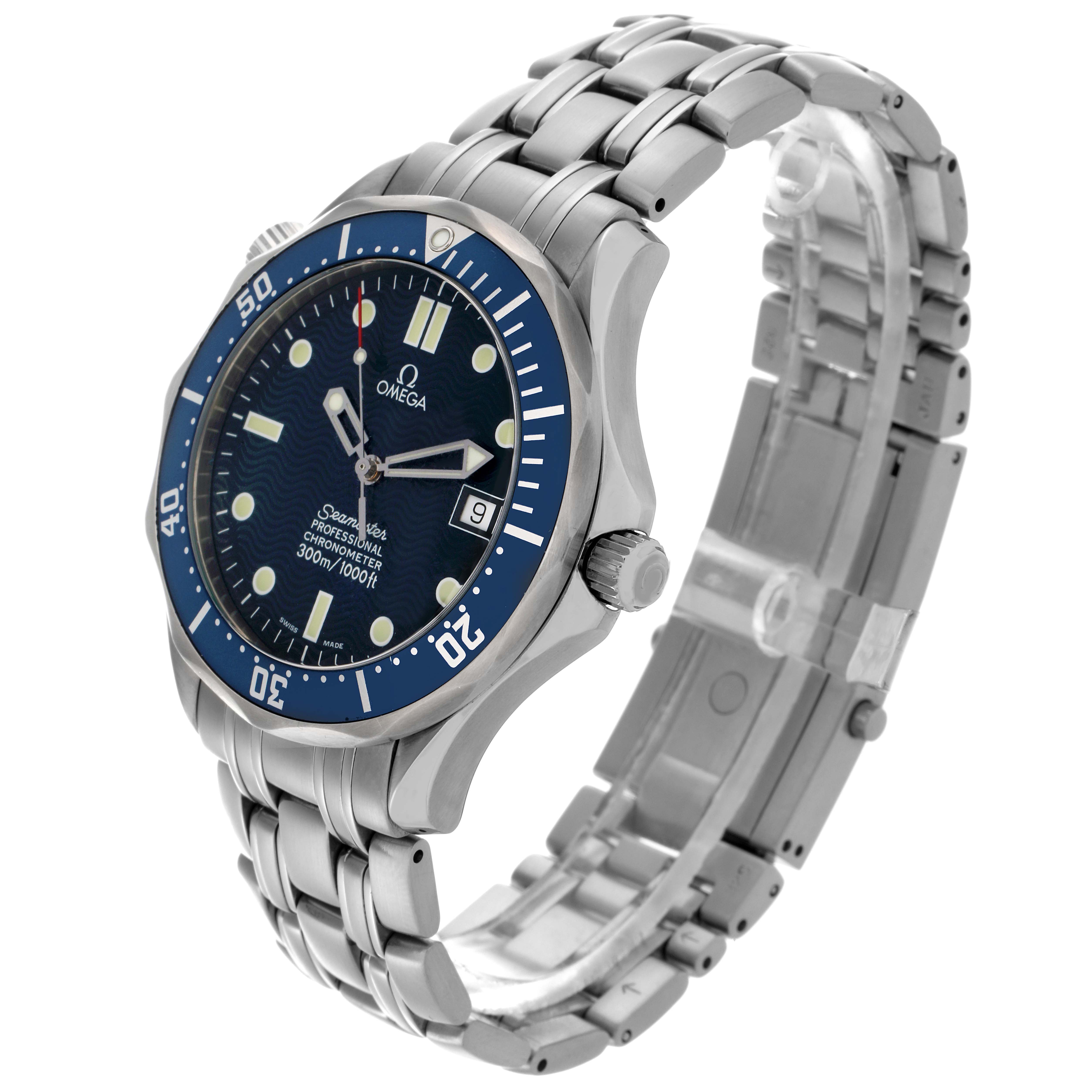 The Omega Seamaster 2531.80.00 Men's Stainless Steel Blue Dial 2531.80.00 Men's Stainless Steel Blue Dial watch is shown at a three-quarter angle, displaying the dial, bezel, crown, and bracelet.