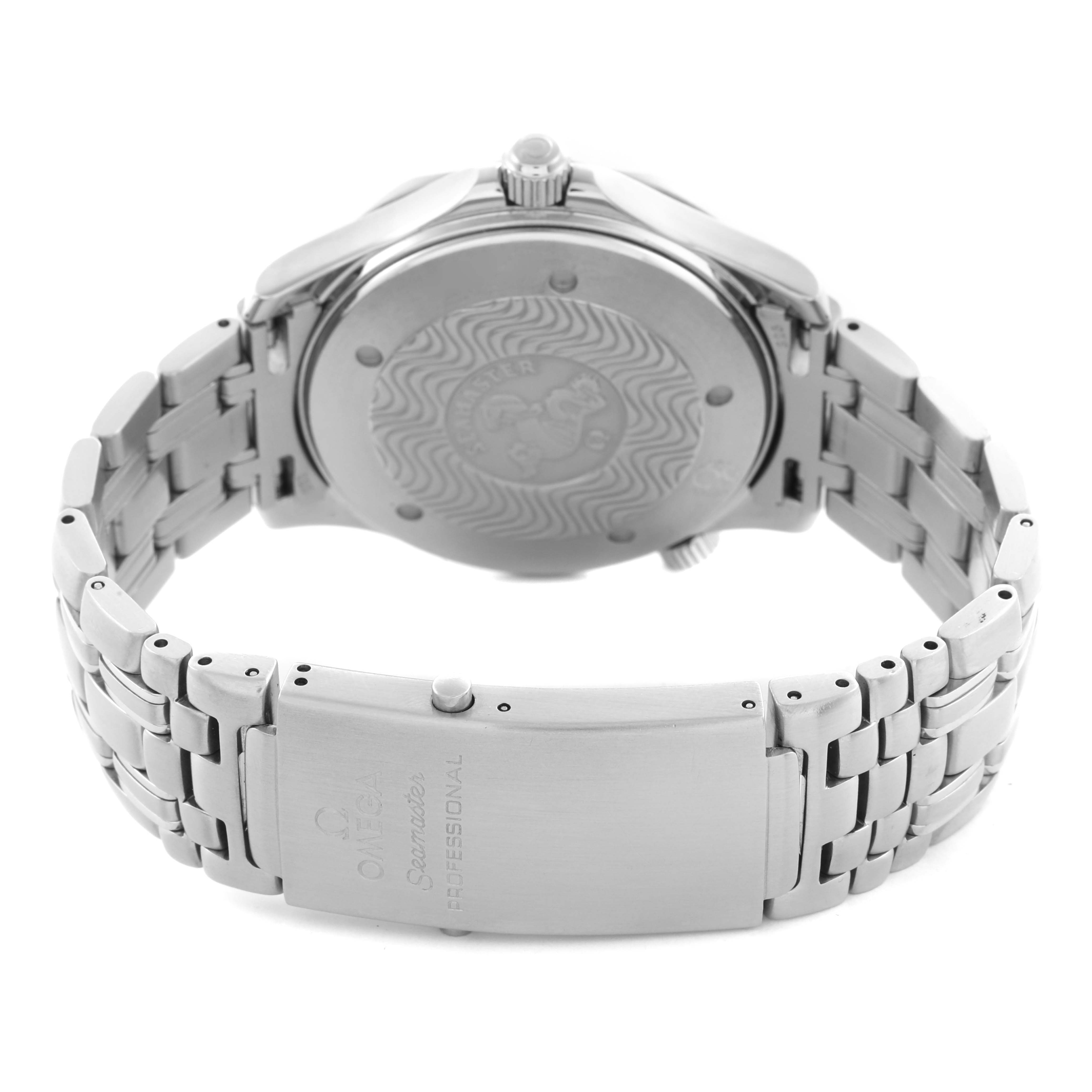 The Omega Seamaster 2531.80.00 Men's Stainless Steel Blue Dial 2531.80.00 Men's Stainless Steel Blue Dial watch is shown from the rear, highlighting the case back, bracelet, and clasp.