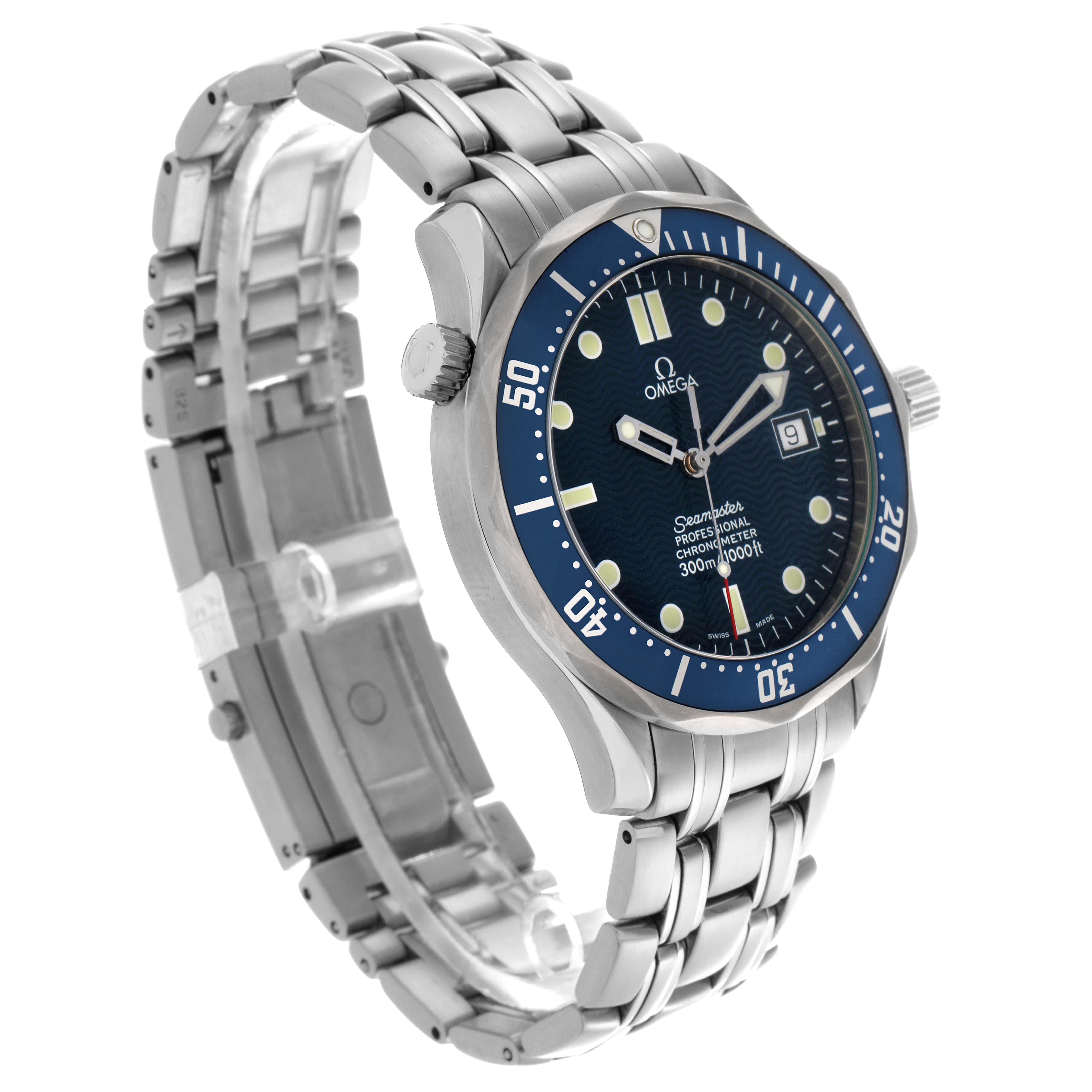 The Omega Seamaster 2531.80.00 Men's Stainless Steel Blue Dial 2531.80.00 Men's Stainless Steel Blue Dial watch is shown at a three-quarter angle, highlighting the dial, bezel, crown, and bracelet.