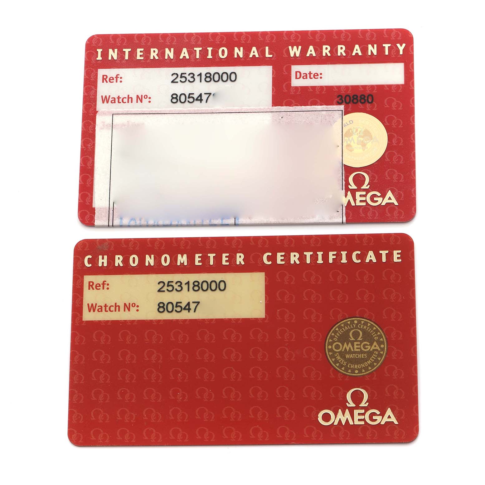 The image shows the International Warranty and Chronometer Certificate cards for the Omega Seamaster 2531.80.00 Men's Stainless Steel Blue Dial 2531.80.00 Men's Stainless Steel Blue Dial watch.