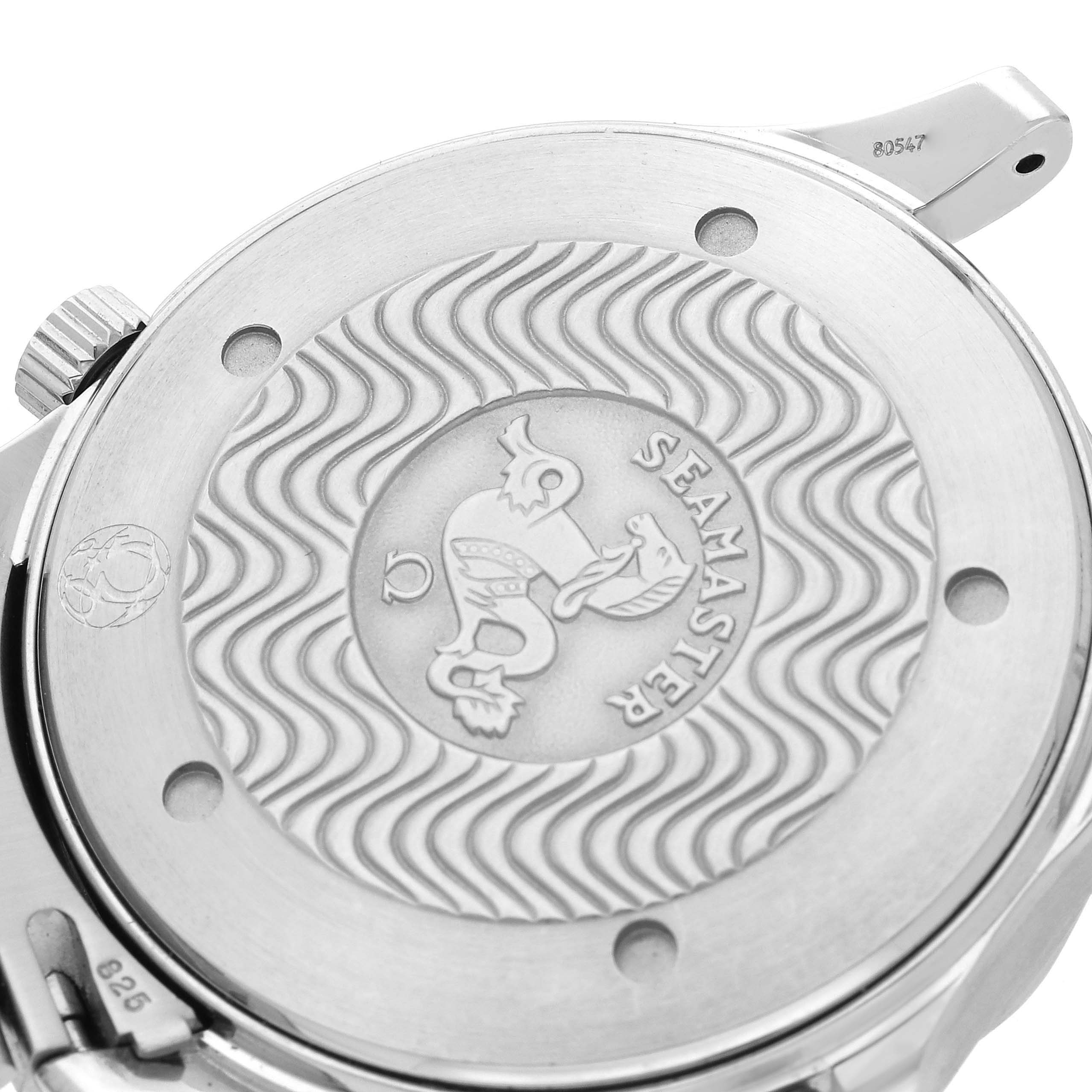 The image shows the back case of an Omega Seamaster 2531.80.00 Men's Stainless Steel Blue Dial 2531.80.00 Men's Stainless Steel Blue Dial watch, featuring the engraved logo and wave pattern.