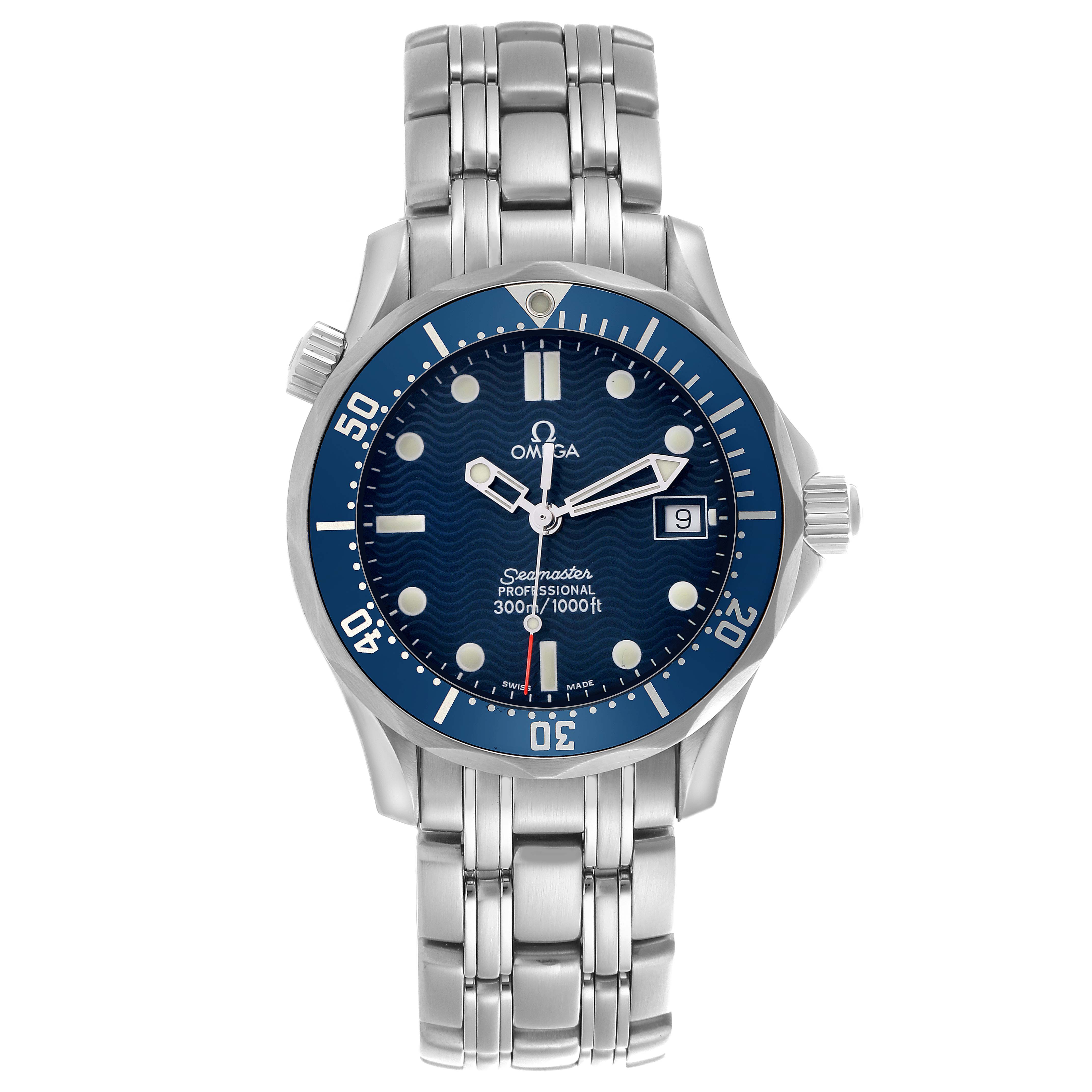 The Omega Seamaster 2561.80.00 Men
s Stainless Steel Blue Dial 2561.80.00 Men
s Stainless Steel Blue Dial watch is shown from a front angle, displaying its dial, bezel, crown, and stainless steel bracelet.