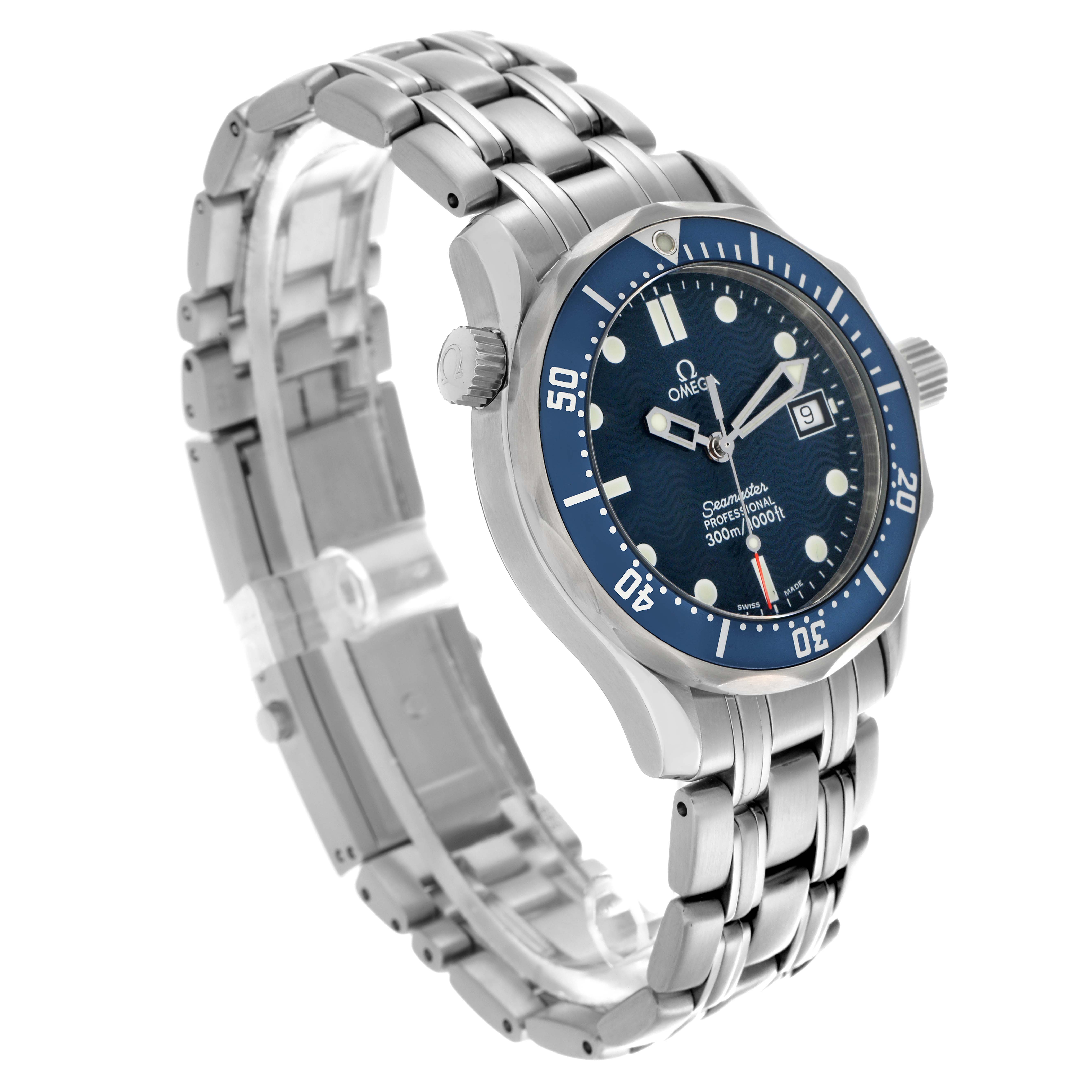 The Omega Seamaster 2561.80.00 Men
s Stainless Steel Blue Dial 2561.80.00 Men
s Stainless Steel Blue Dial watch is shown at a three-quarter angle, displaying the dial, bezel, crown, and stainless steel bracelet.