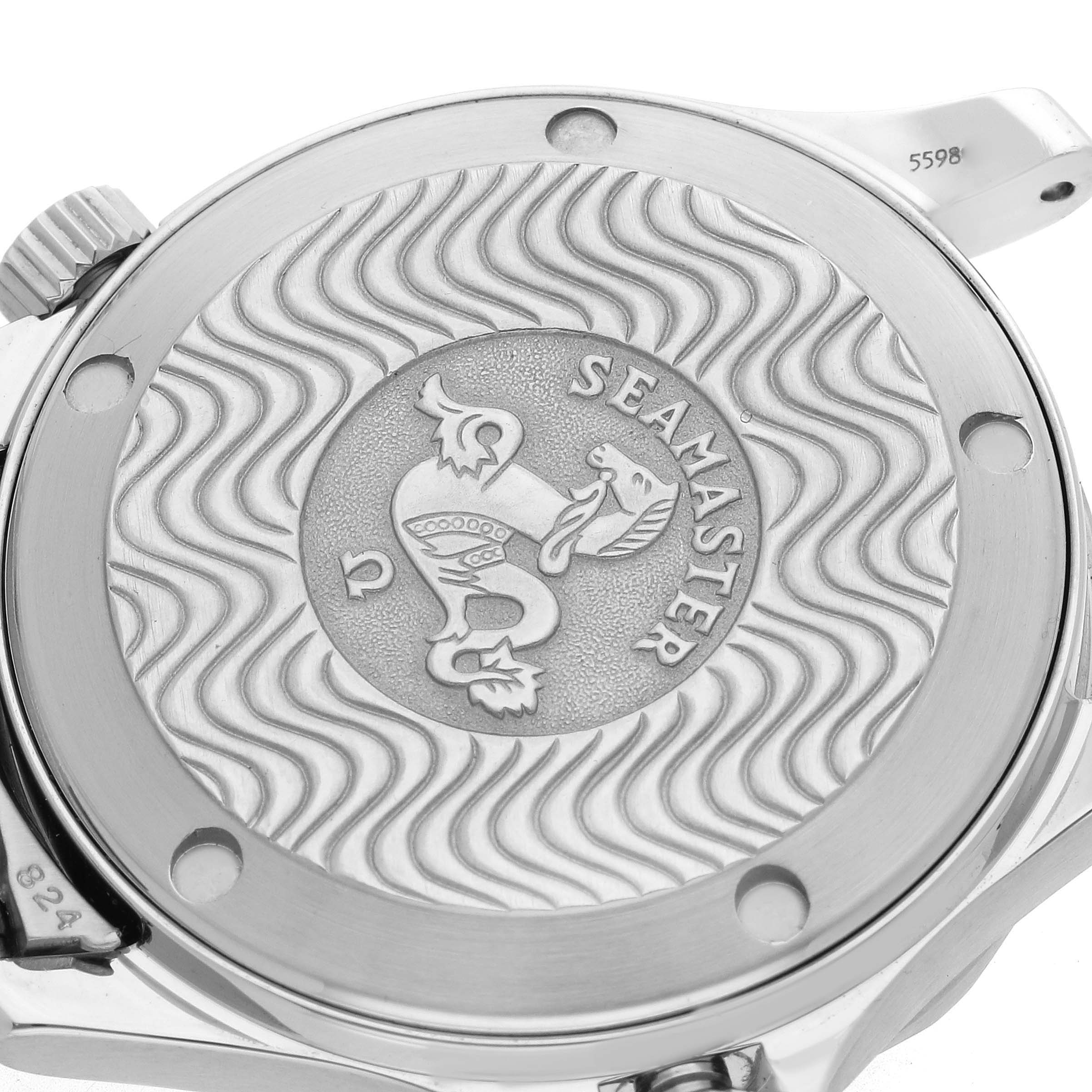 The image shows the case back of an Omega Seamaster 2561.80.00 Men
s Stainless Steel Blue Dial 2561.80.00 Men
s Stainless Steel Blue Dial watch, featuring its engraved logo and wave pattern.
