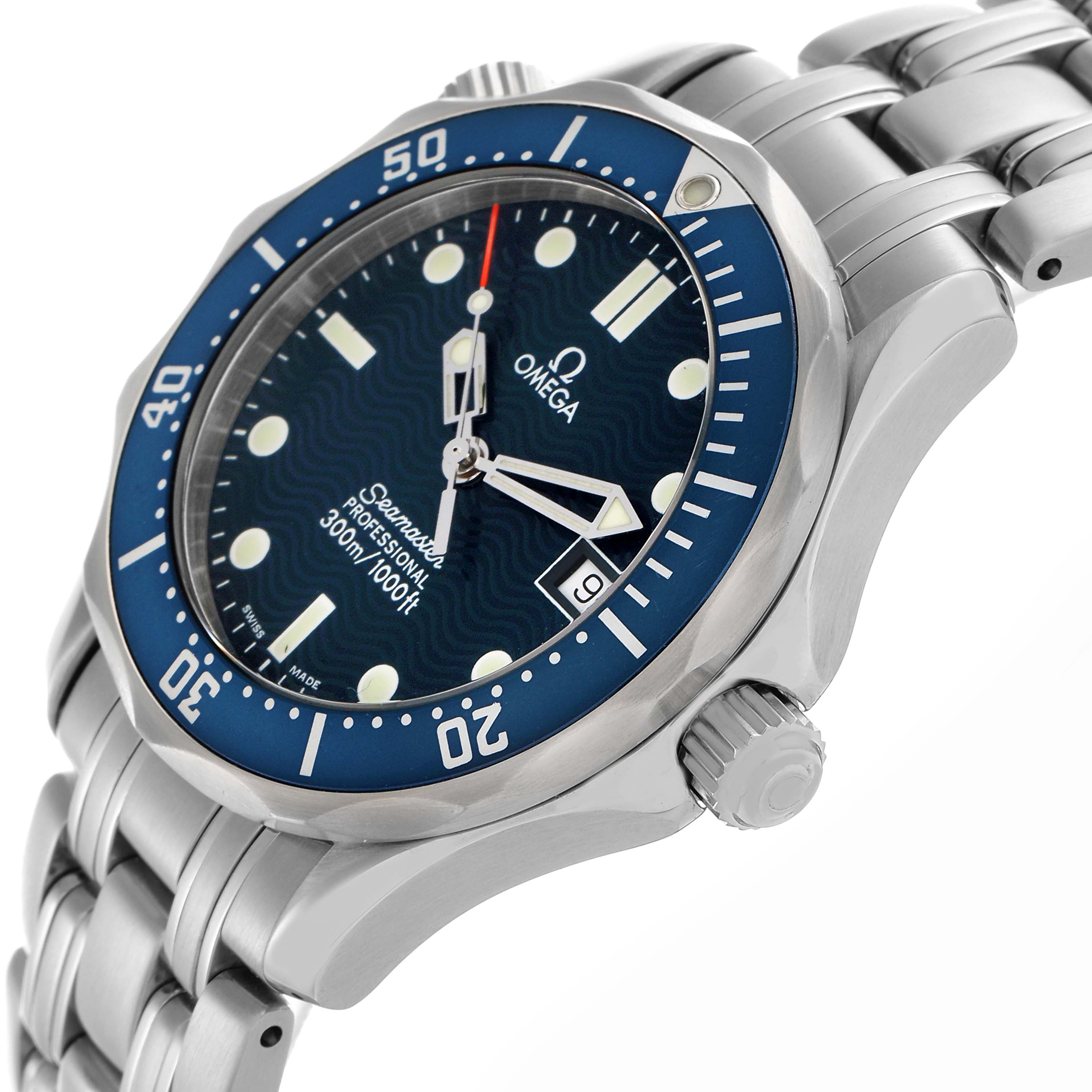 The Omega Seamaster 2561.80.00 Men
s Stainless Steel Blue Dial 2561.80.00 Men
s Stainless Steel Blue Dial watch is shown at a three-quarter angle, highlighting the face, bezel, and bracelet.