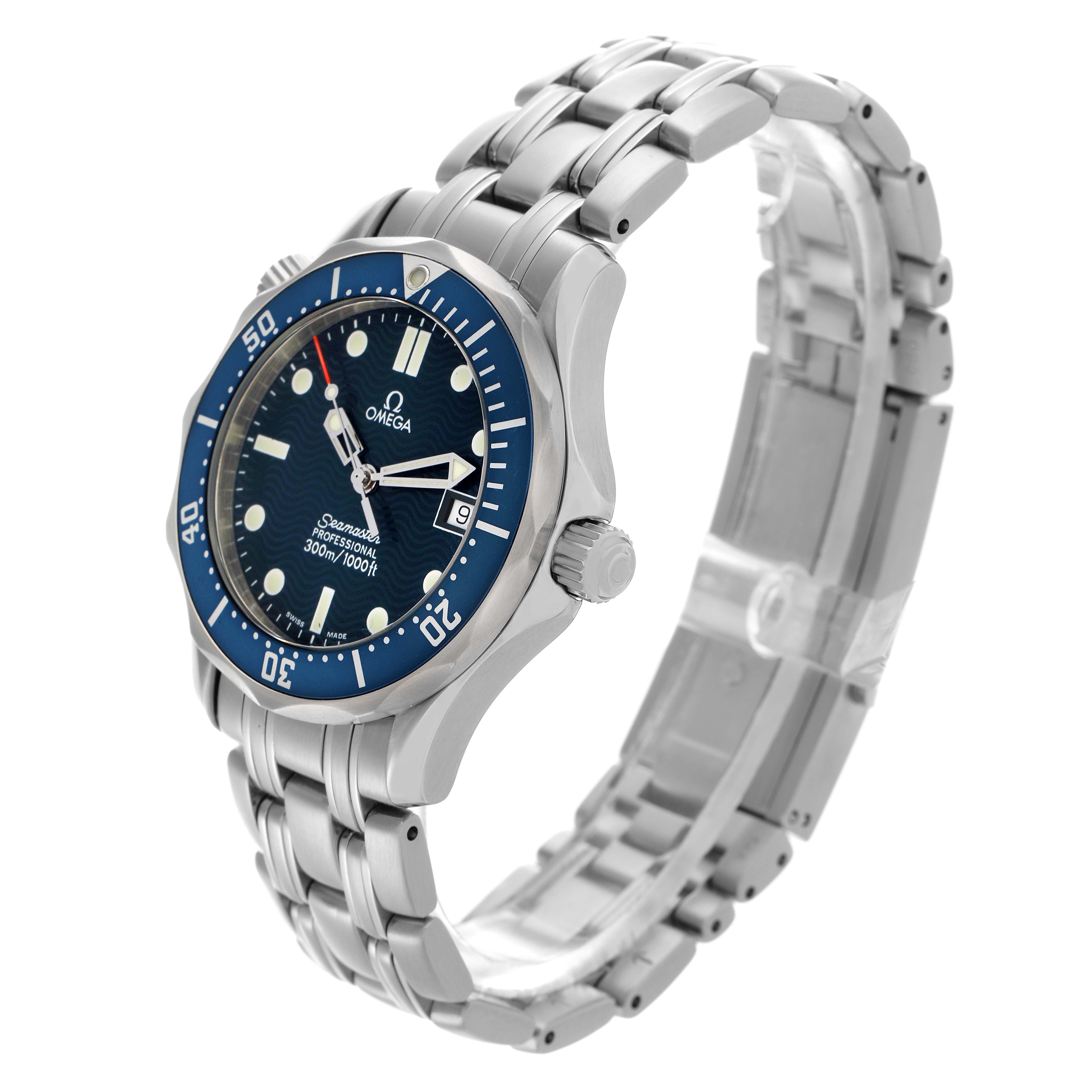 The Omega Seamaster 2561.80.00 Men
s Stainless Steel Blue Dial 2561.80.00 Men
s Stainless Steel Blue Dial watch is shown at a three-quarter angle, highlighting the face, bezel, bracelet, and crown.