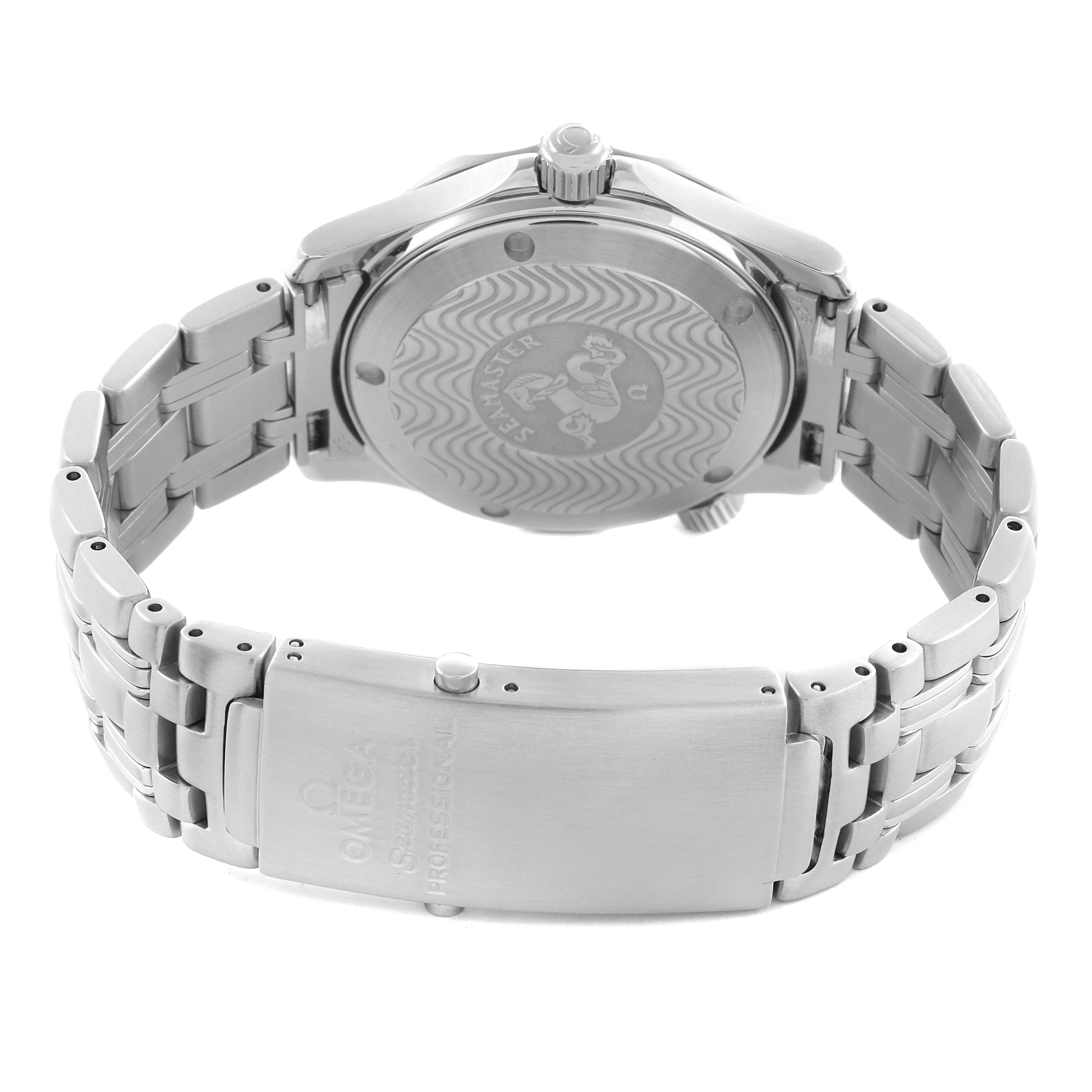 The image shows the back and bracelet clasp of an Omega Seamaster 2561.80.00 Men
s Stainless Steel Blue Dial 2561.80.00 Men
s Stainless Steel Blue Dial watch from a rear angle.