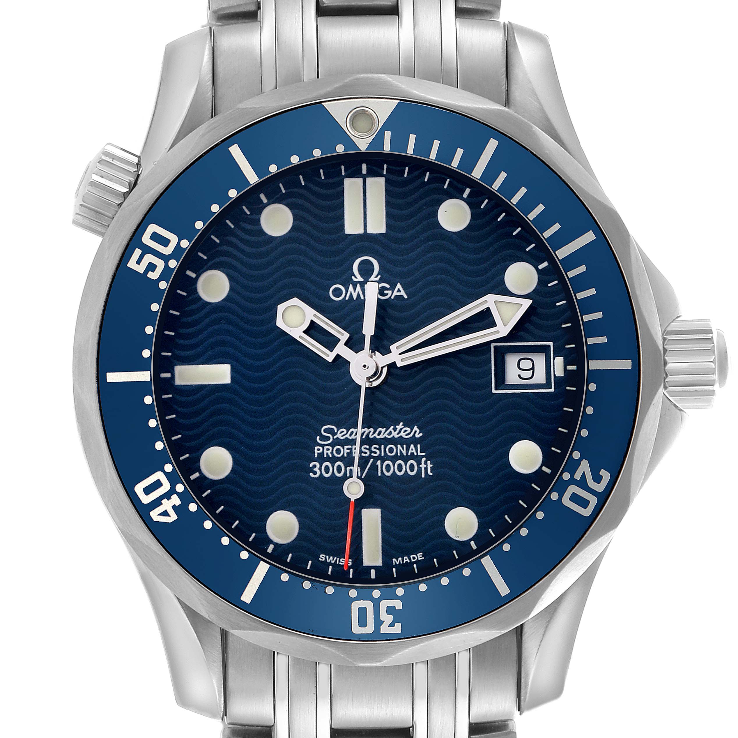 The Omega Seamaster 2561.80.00 Men
s Stainless Steel Blue Dial 2561.80.00 Men
s Stainless Steel Blue Dial watch is shown from the front, displaying the dial, bezel, crown, and part of the bracelet.