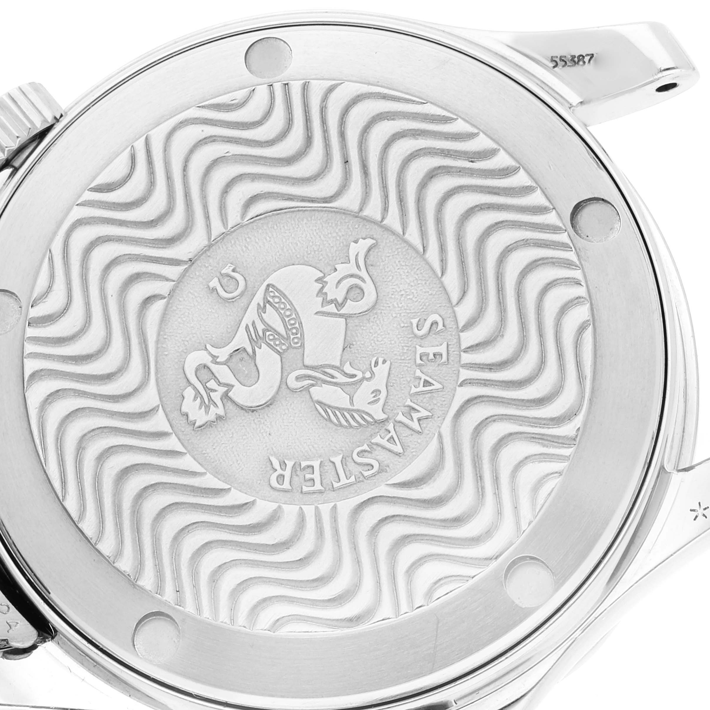 The image shows the case back of the Omega Seamaster 2561.80.00 Men's Stainless Steel Blue Dial 2561.80.00 Men's Stainless Steel Blue Dial watch, displaying the engraved logo and wave pattern.